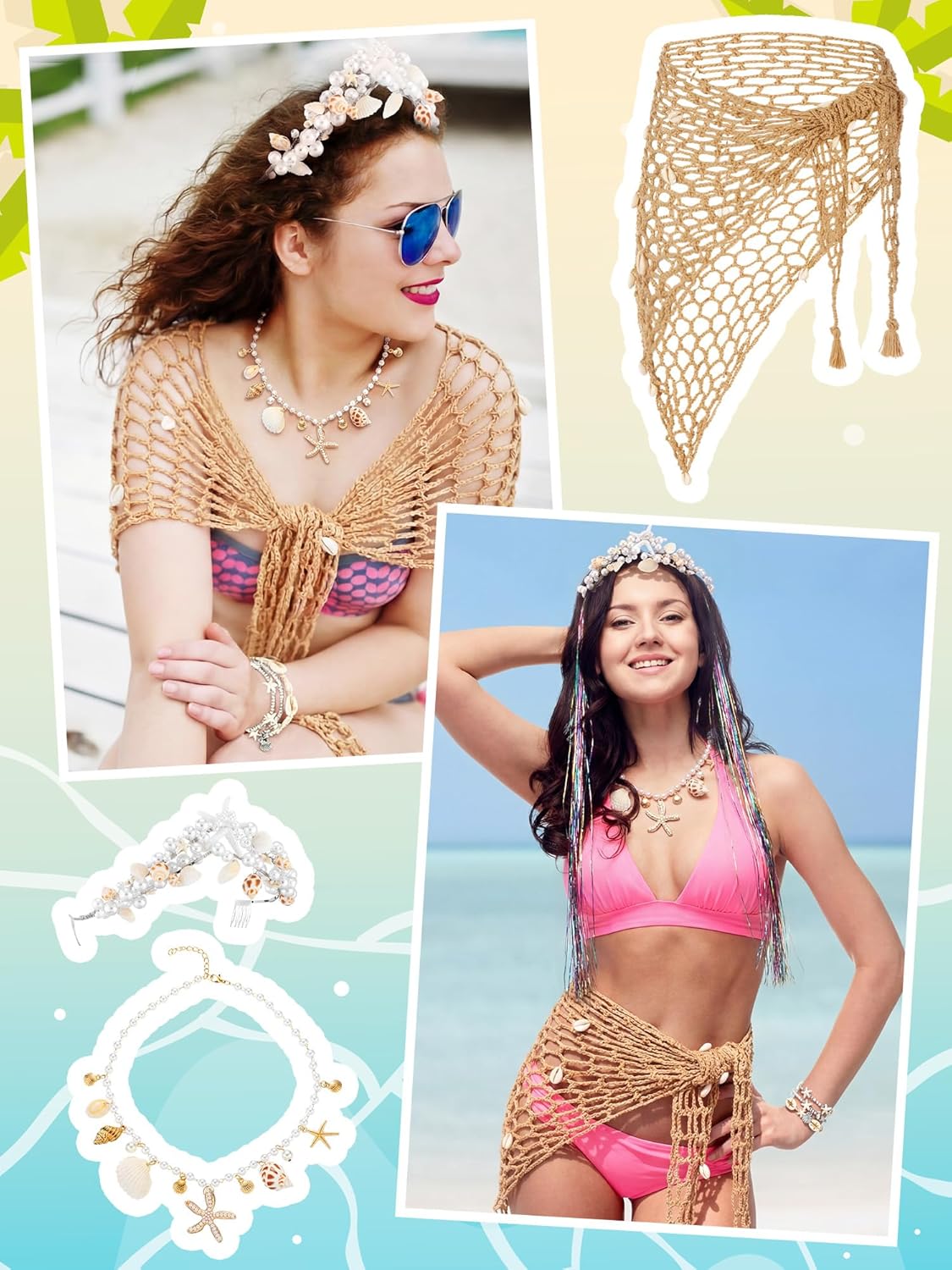 Fourluoo 16 Pcs Mermaid Cosplay Costume Accessories Women Summer Beach Crochet Skirt Crown Seashell Necklace Bracelet