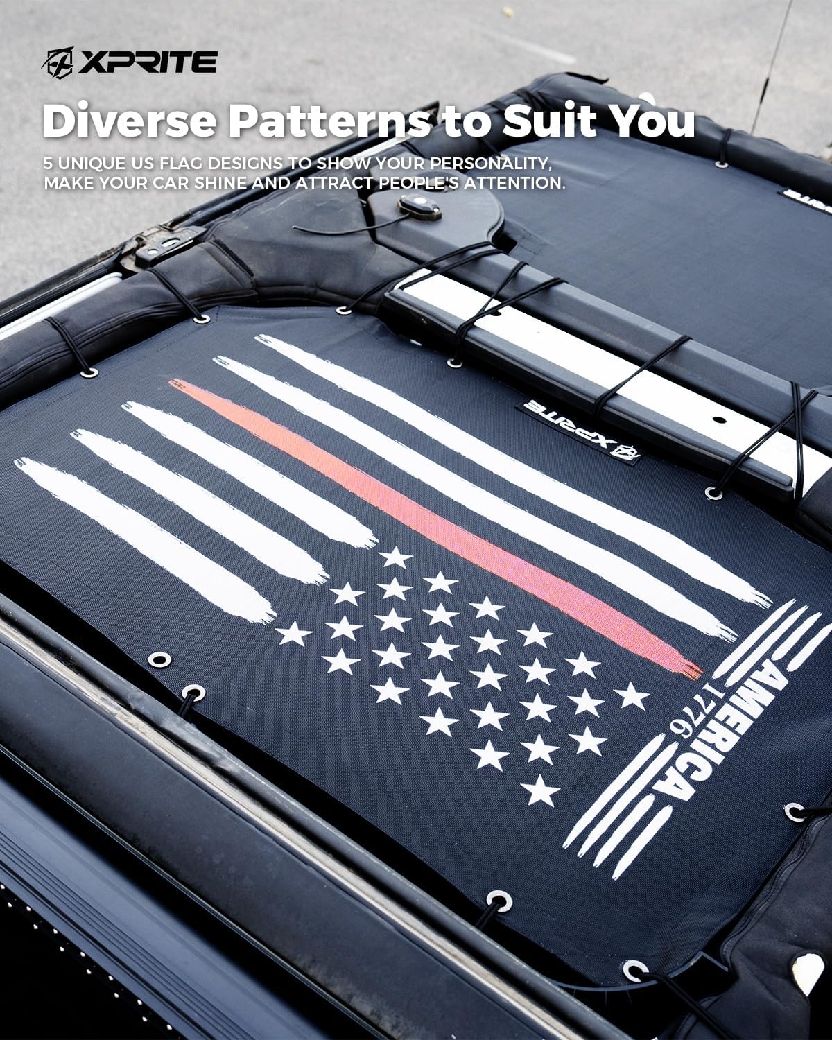Xprite Thin Red Line USA Flag Sunshade Top Compatible with 2007-2018 Jeep Wrangler JK JKU 4 Door, Front & Rear Mesh Bikini Top, Effective UV/Wind/Noise Blockers, 2PCS