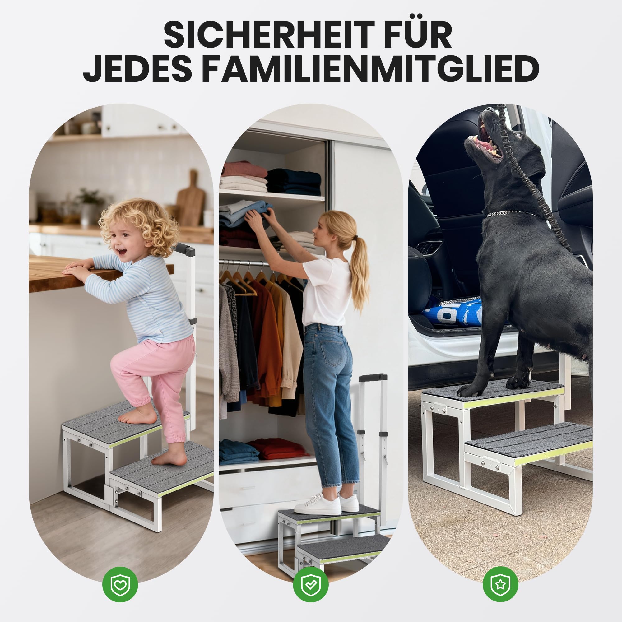 Trittleiter 2 Stufen aus Aluminium, verstellbarer Handlauf beidseitig, extra rutschfeste Trittflächen, 250 kg Tragfähigkeit – ideal für Wohnmobile, Küche & Haushalt