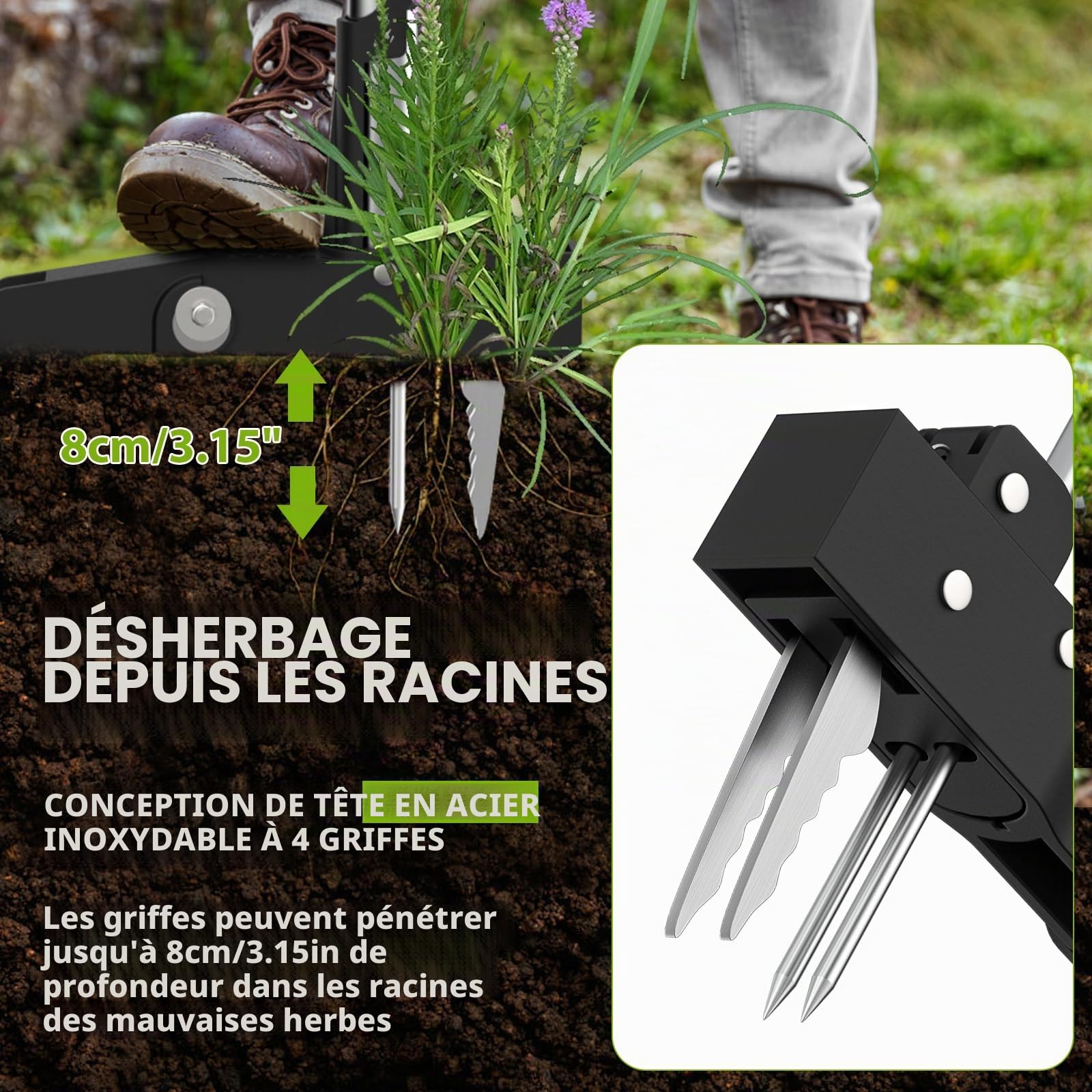 Désherbeur Manuel, Extracteur de Racines à 4 Griffes | Outil D'extraction de Pissenlits à Long Manche pour Jardin, Patio et Pelouse, Désherbeur sans Flexion avec Pédale