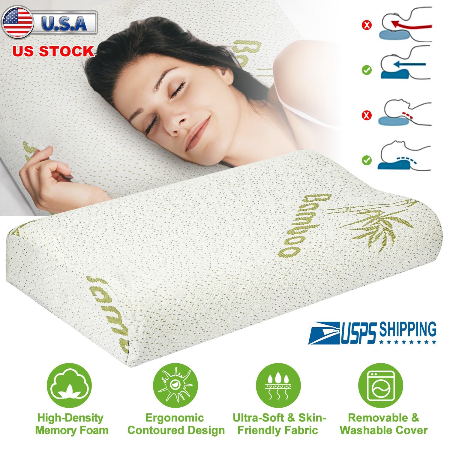 iMounTEK Bed Pillow Pillow Bamboo Viscose Memory Foam Pillow, Sleep Pillow Contoured Orthopedic Pillow Soft Neck Support Breath Pillow Back/Stomach/Side Sleeper(Large)