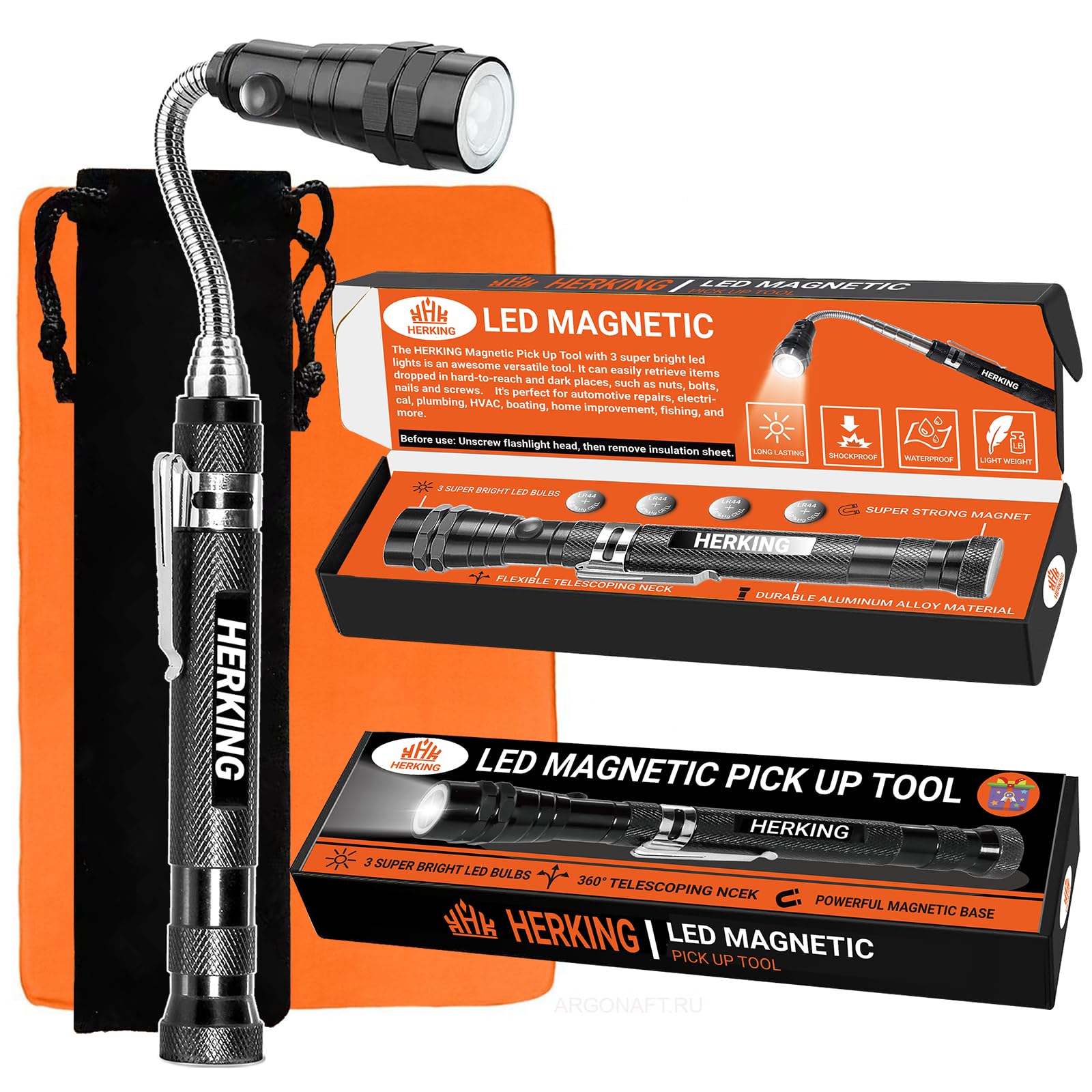 HERKING Magnetic Pickup Tool with LED Light, Telescoping Magnet Flashlight With Extendable Neck, Cool Gadget for Him, Birthday Gifts for Men, Handyman, Husband, Father, Dad, Boyfriend