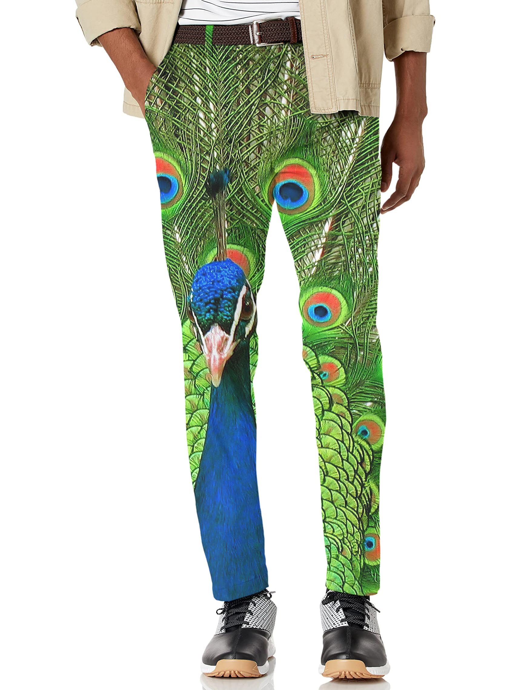 Maylian Men's Peacock Flaunting its Tail Stretch Golf Pants Trousers (44W x 30L) Multi
