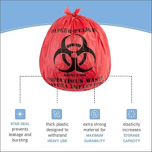 Miniatura 3 de Bolsas de residuos de riesgo biológico, 10 galones, 100 unidades, rojas, sin fugas, grado médico, eliminación segura de residuos infecciosos