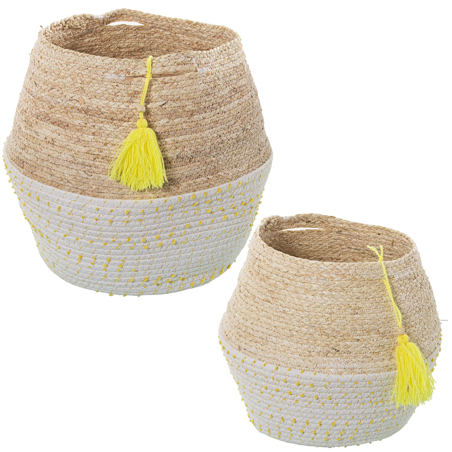 Panier tressé maïs et coton avec pompon set de 2 pour organiser la salle de bain