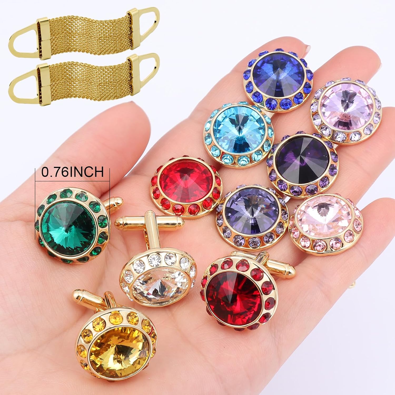 Birthstone Cuff links Mens with Chain, Shinny Gold Tone Cufflinks for Men Dress Shirts, Personalized Birthday Wedding Business Christmas Gifts for Men.