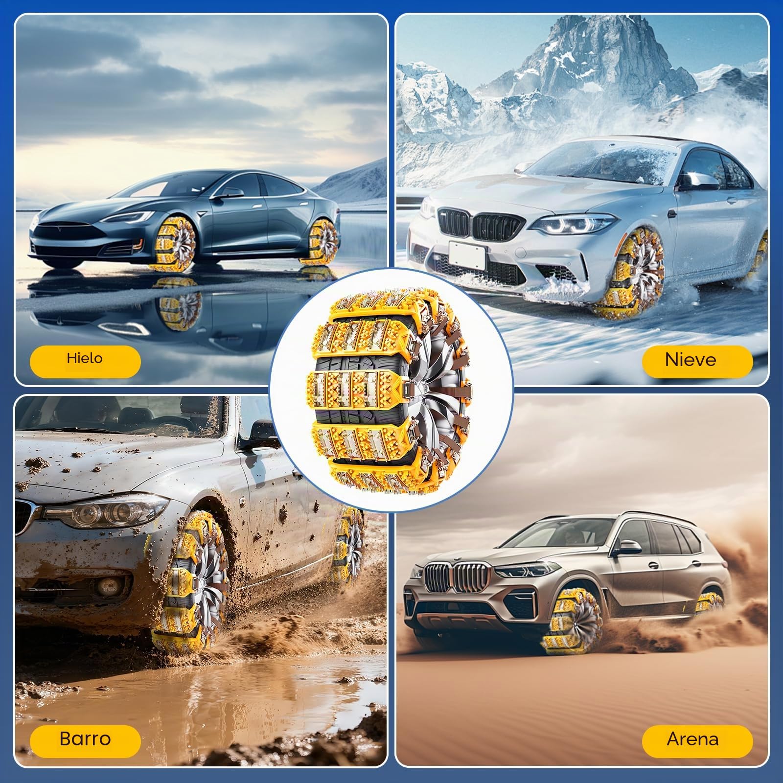 Cadenas de nieve 8 piezas antideslizantes y ajustables para neumáticos de 165-255 mm - Fácil de instalar, con púas, para coche, SUV, camión (Amarillo)
