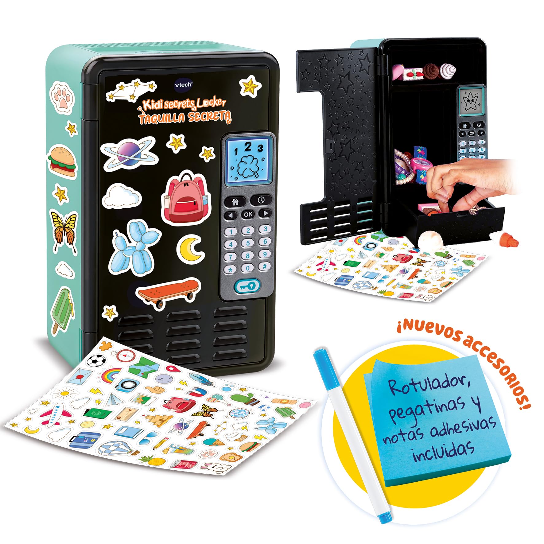 VTech - KidiSecrets Locker Taquilla Secreta, Nuevos Accesorios | Caja Fuerte con código Secreto, Personalizable, Pantalla LCD, Juguetes Electrónicos niños +6 años, Color Negro, Versión ESP