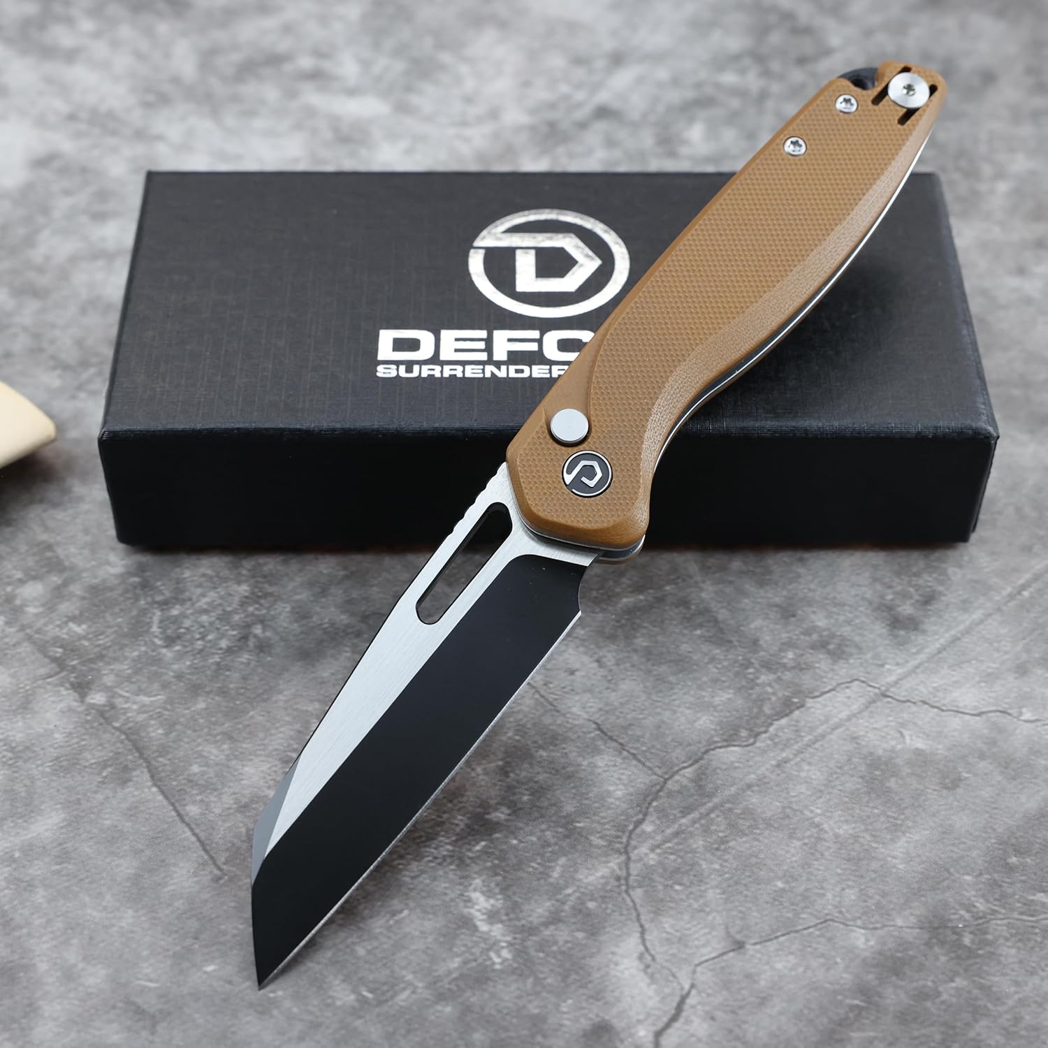 DEFCON Pocket Folding Knife- Button Lock with Thumb Hole Opener, 3" 14C28N Blade, Composite Handle, Utility Knife for Men Women Gift -TD020 WARHAWK- (Brown G10)