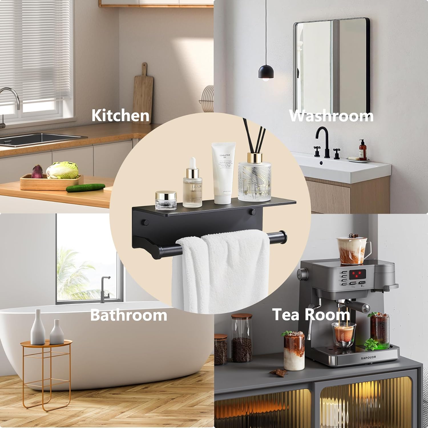 Black Paper Towel Holder Wall Mount with Thickened Shelf for Bathroom,Matte Black Adhesive Hand Towel Holder,Bathroom Kitchen RV