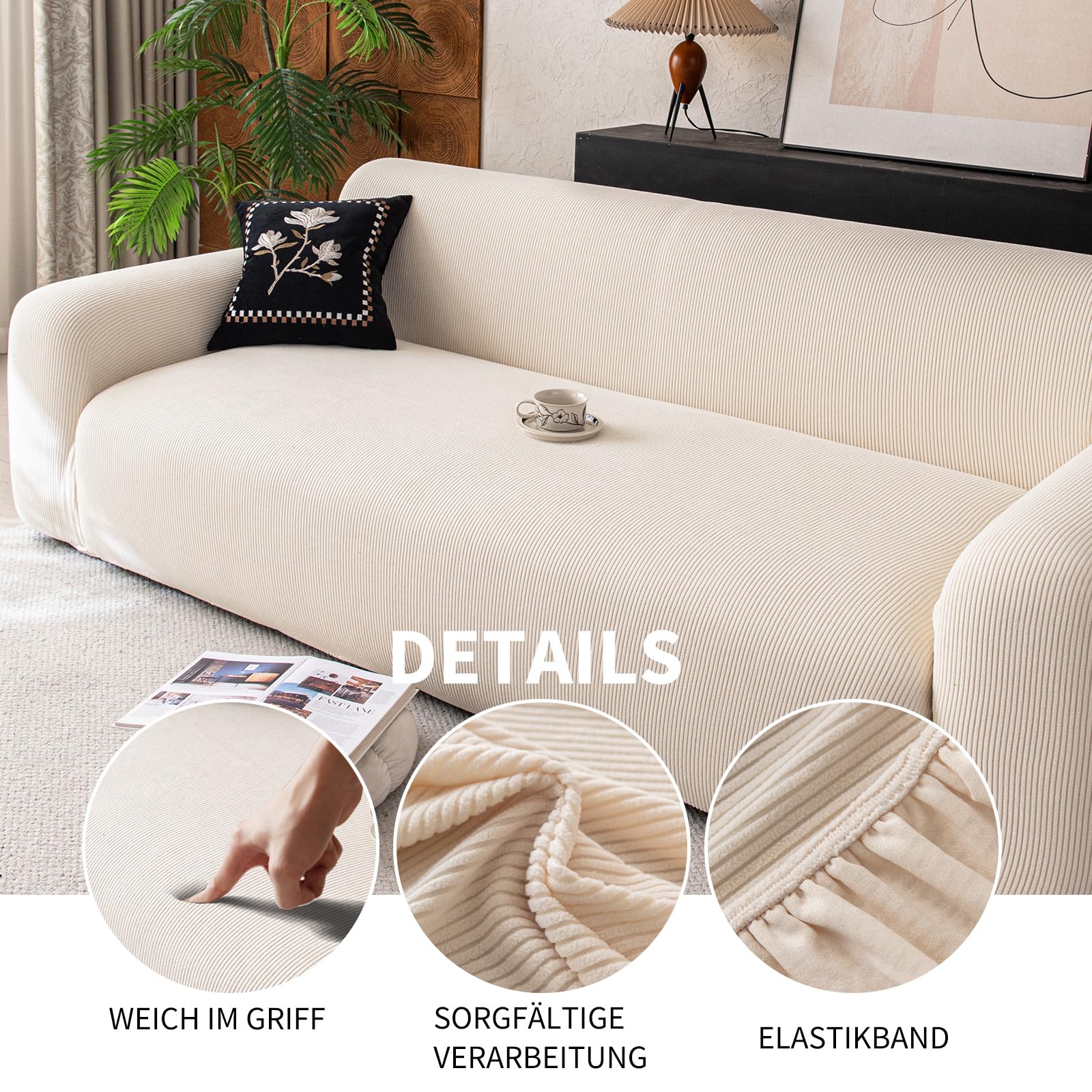 Stretch Sofabezug, Warm Fleece, Extrem Dehnbbar, Abriebfest, rutschfest, 4 Sitzer Jacquard Sofa Überzug Schutz Für Wohnzimmer, Hunde und Haustiere (4 Sitzer, Beige)