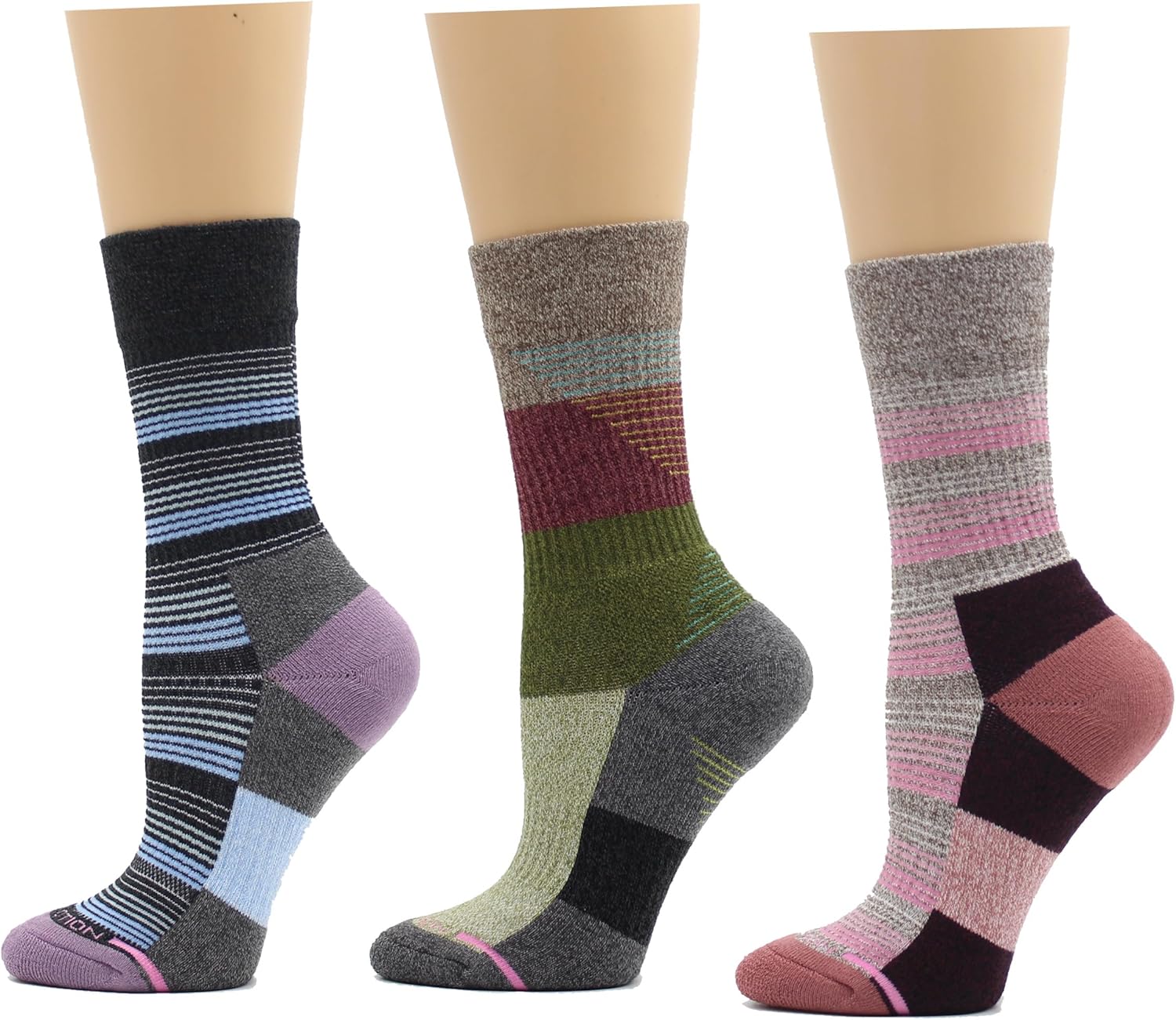 Dr. Motion Women Outdoor Hiking Walking Compression Crew Socks With Enhanced Cushion And Breathable Arch Support 3 Pairs