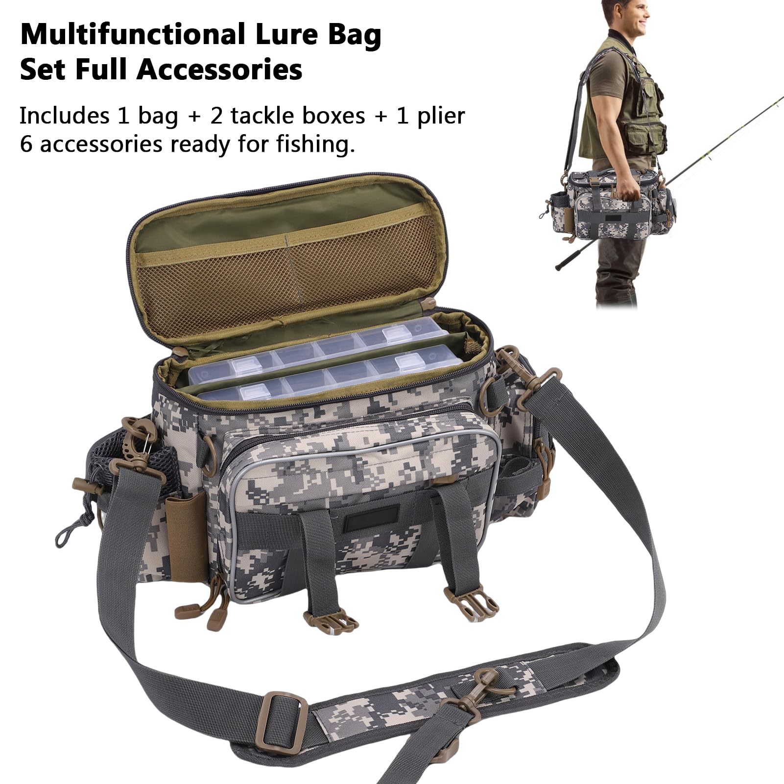 Borsa per attrezzatura da pesca con 2 scatole portaoggetti, borsa a tracolla impermeabile con cinghie regolabili, organizer per 23 vassoi per esche, ganci e accessori per attrezzi da pesca
