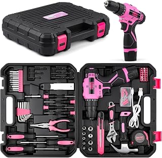 Pink Tool Set 12V Cordless Drill Kit 152 Piece Home Tools Set With Power Drill Tool Kits for Diyer, Handyman