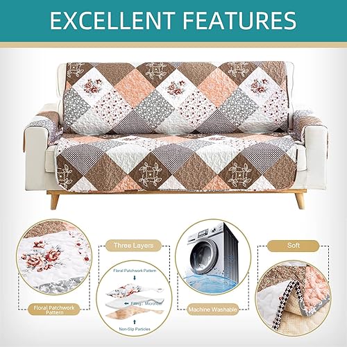 Miniatura 4 de Yiran Funda de sofá floral de retazos, funda de microfibra suave para muebles, para mascotas y niños, con partículas antideslizantes y correa