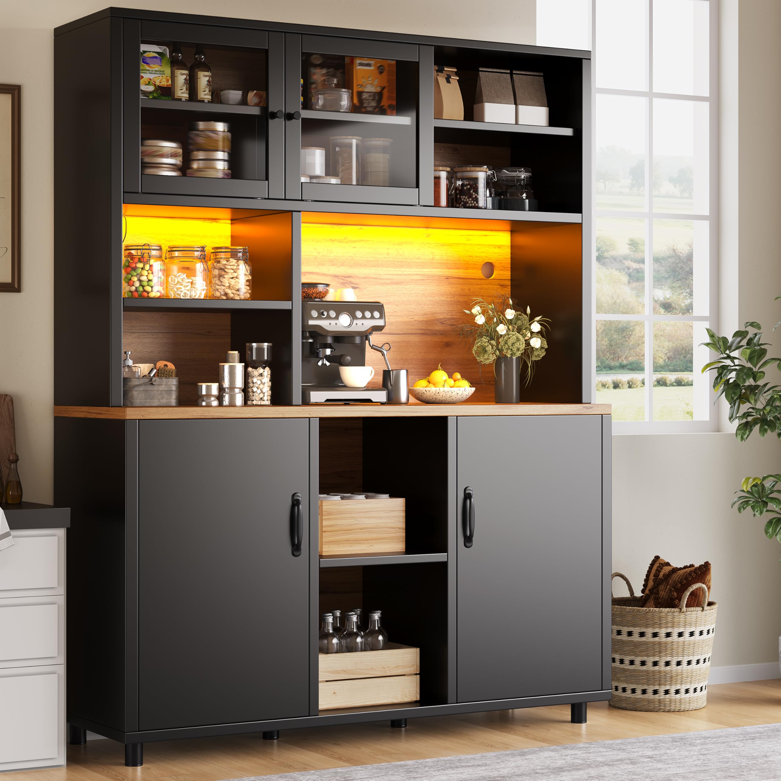 Modern Küchenschrank mit LED-Beleuchtung und USB-Anschluss, Hochschrank mit Verstellbare Einlegeböden und Verstellbare Füße, Buffetschrank mit Schiebetüren, Schwarz-A, 140x40x185 cm