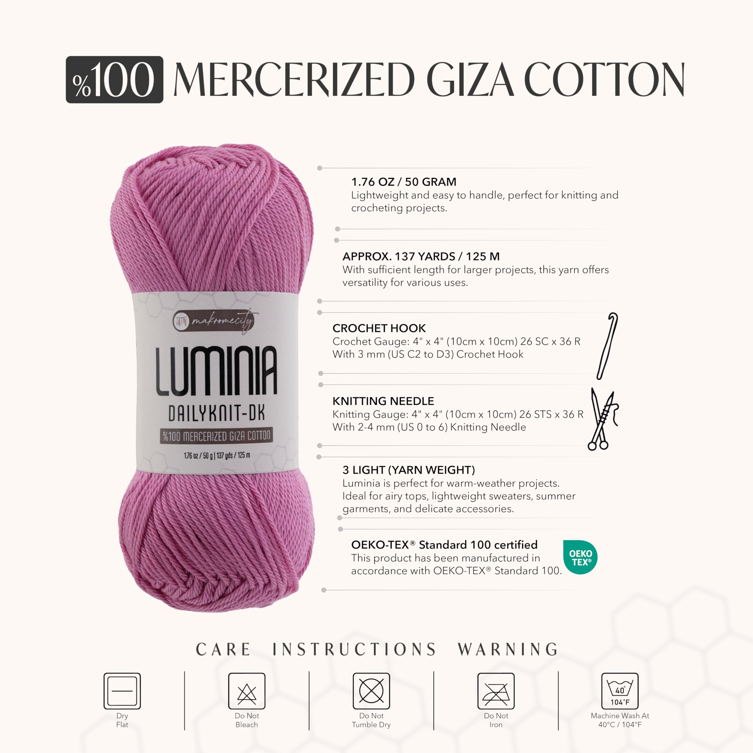 Makromecity Luminia Mercerized Giza Cotton Yarn, Lightweight #3 DK Yarn for Knitting & Crochet, 50g/137yd, Soft Silky Shine Perfect for Summer Garments, Tops & Baby Projects (Sugar Pink, 1 Skein) - 3