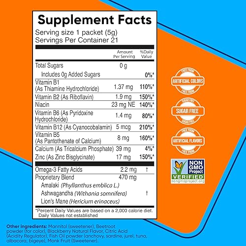 Miniatura 7 de Suplemento Focus sin azúcar Suplemento dietético mezcla de bebida con Ashwagandha, melena de león, vitaminas B B1 B2 B3 B5 B6 B12, para rendimiento