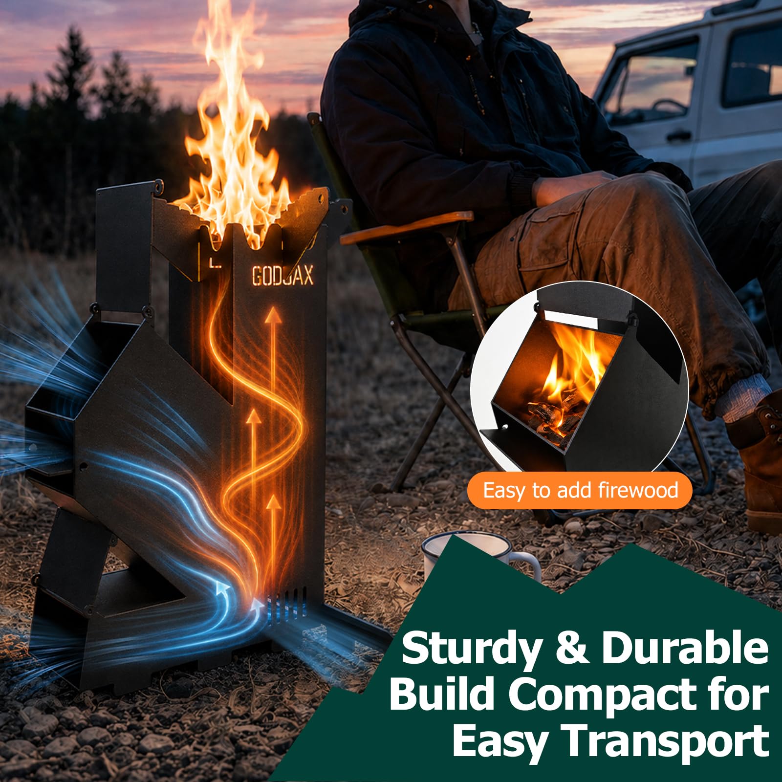 Rocket Stove Rocket Poêle à bois portable pour la cuisson dans le jardin, le camping, les événements en plein air, le barbecue, livré avec sac de rangement