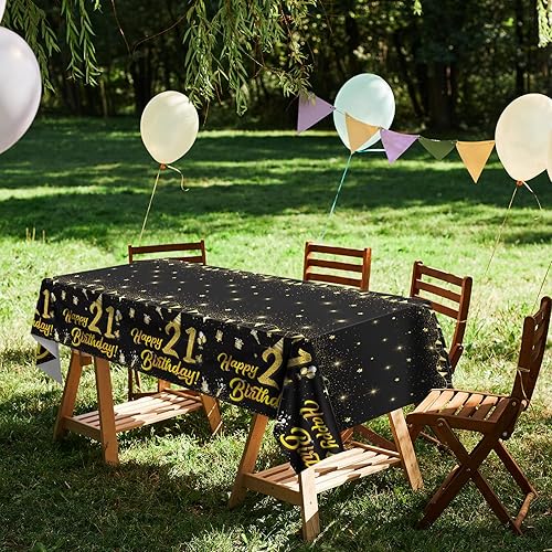 Miniatura 6 de durony Paquete de 2 manteles de plástico para cumpleaños número 21 color negro dorado impermeable rectangular para fiestas en interiores o