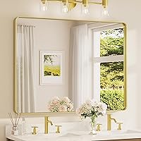 Vista 43 de TETOTE Espejo de marco negro de 16 x 24 pulgadas, espejo de tocador de baño para pared, moderno espejo rectangular de esquina redonda con marco