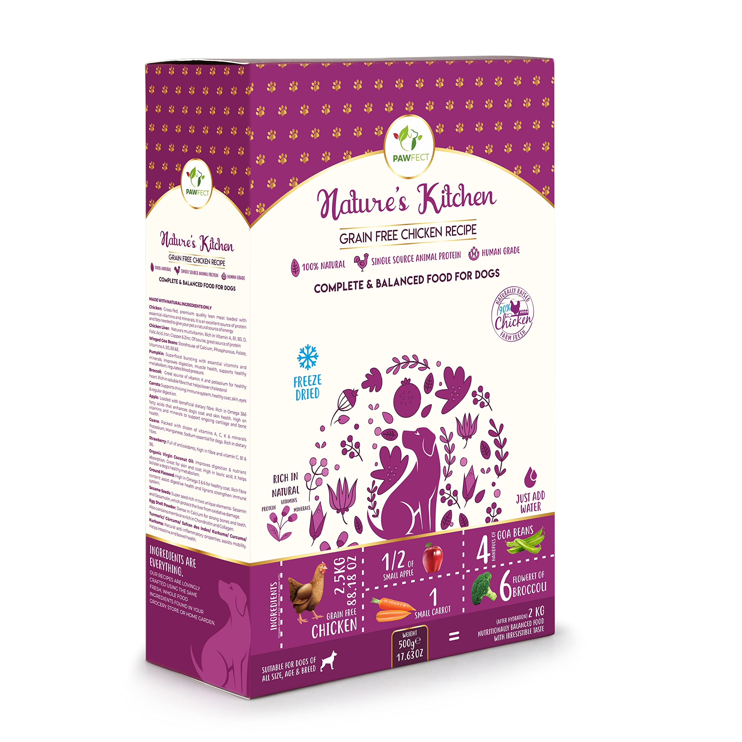 Pawfect Nature's Kitchen Freeze-Dried Chicken Recipe Dog Food - Complete & Balanced Meal - Lean Protein for Muscle & Weight Control - All Natural - Grain-Free & Supports Vitality (500g/17.64oz)