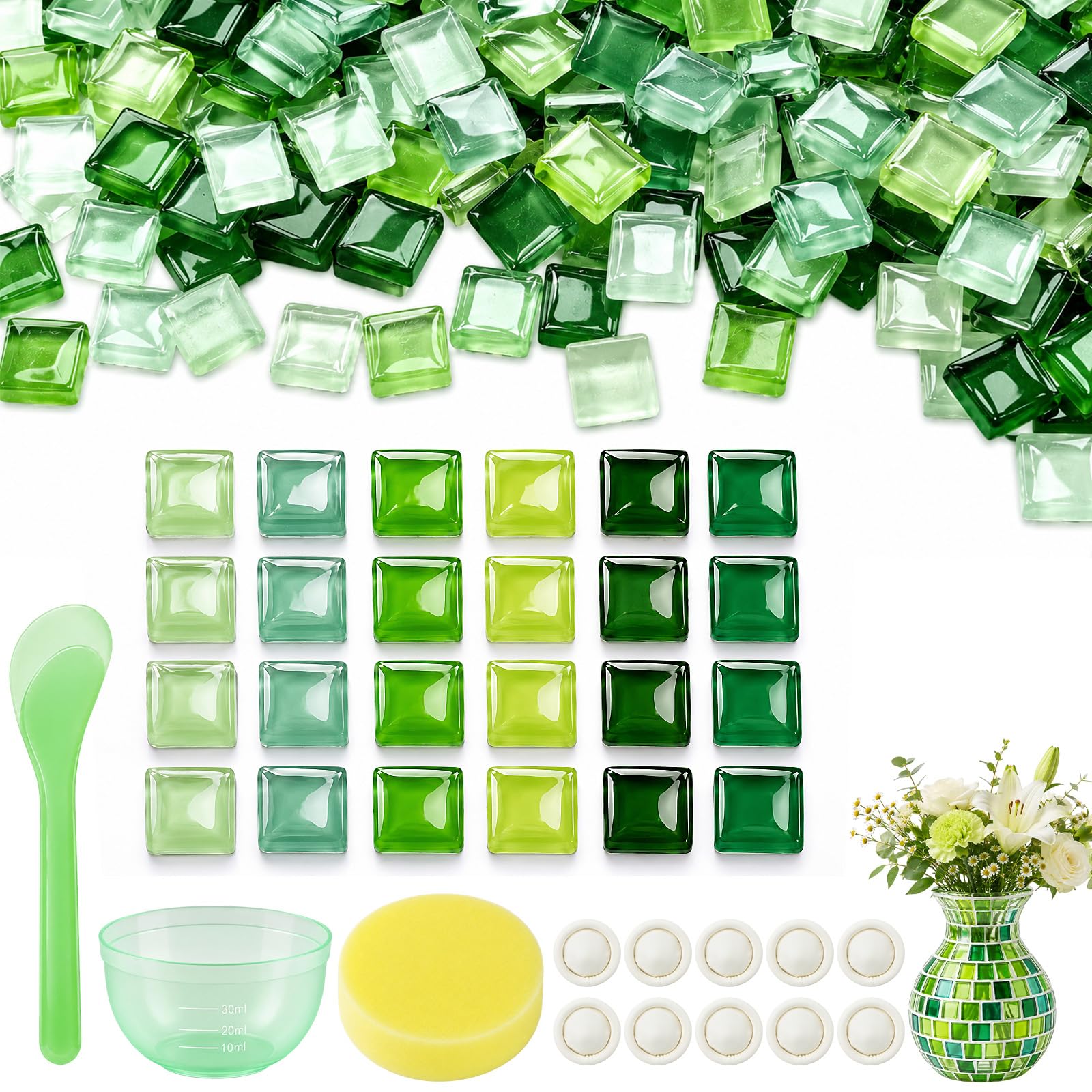 Bohoray 1000G Crystal Squares Mosaic Tiles, Glass Mosaic Tiles, Mini Mixed Green Mosaic Kit with Clear Storage Bowl, Tweezers, Sticks, Finger Cots, Sponge for DIY Arts and Crafts, Photo Frame