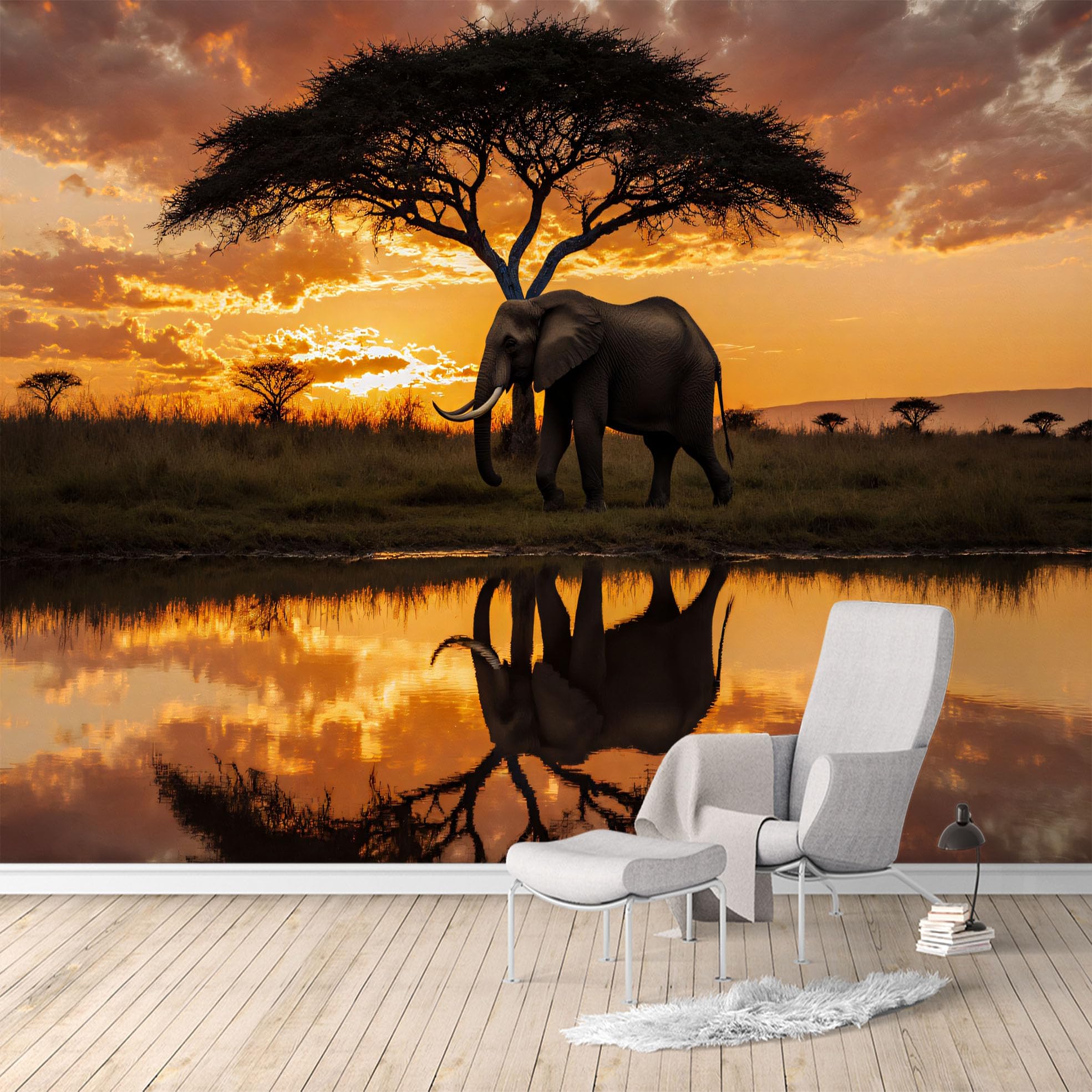 Custom Size Wall Murals,African Elephant Sunset Savannah Landscape Reflection,SelfAdhesive Water Activated Removable Wall Covering,Large Photo Wallpaper for Living Room Bedroom Office