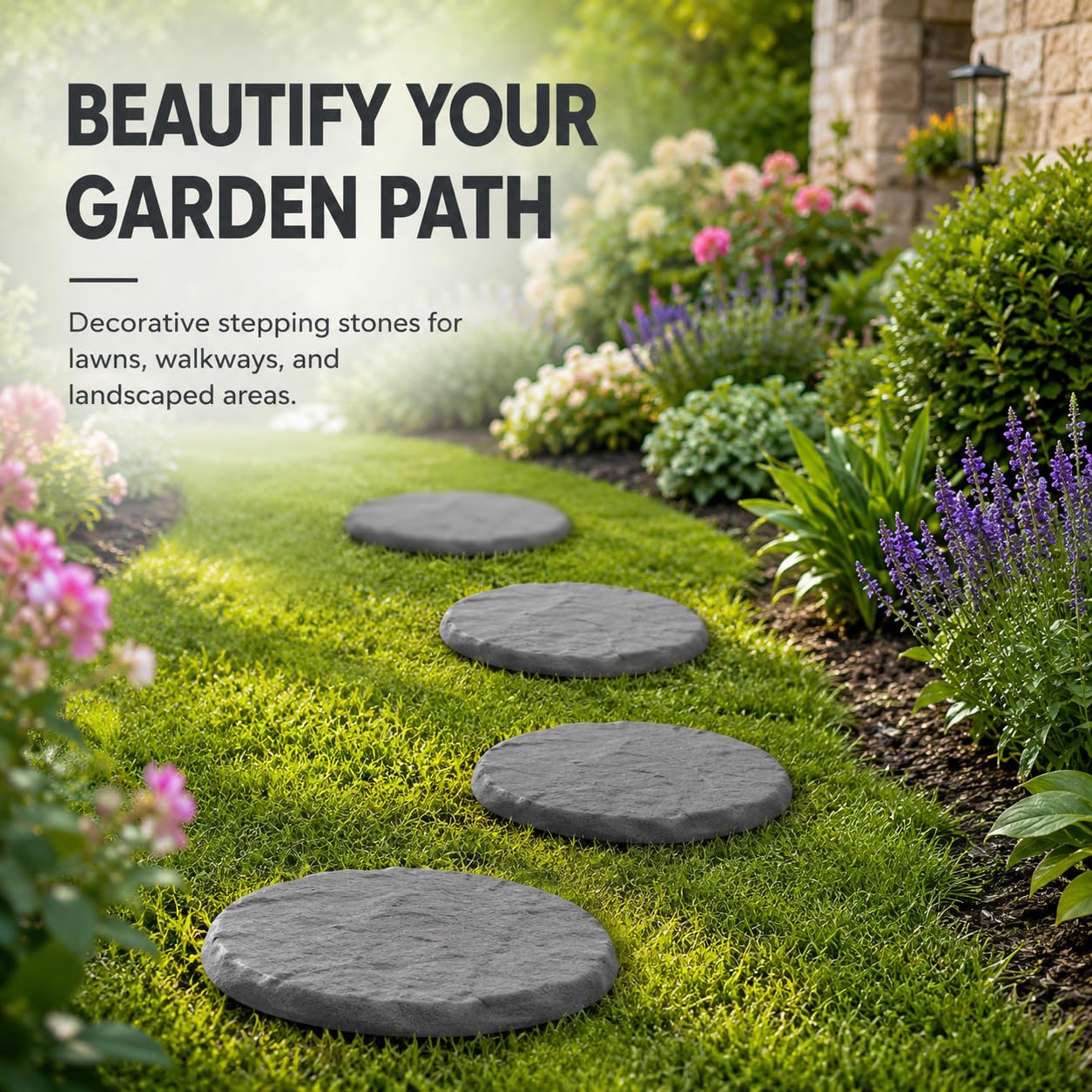 Lastre da giardino per esterni con picchetti di fissaggio Lastre decorative in polipropilene per sentieri giardini e vialetti Lastre di pavimentazione interrate per prati Ø 39 cm (grigie rotonde)