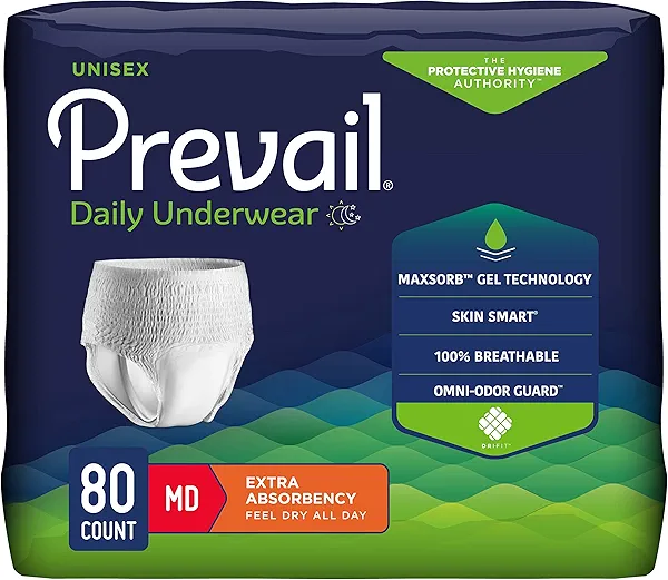 Prevail Daily Protective Underwear - Unisex Adult Incontinence Underwear - Disposable Adult Diaper for Men & Women - Maximum Absorbency - Medium - 80 Count (4 packs of 20)