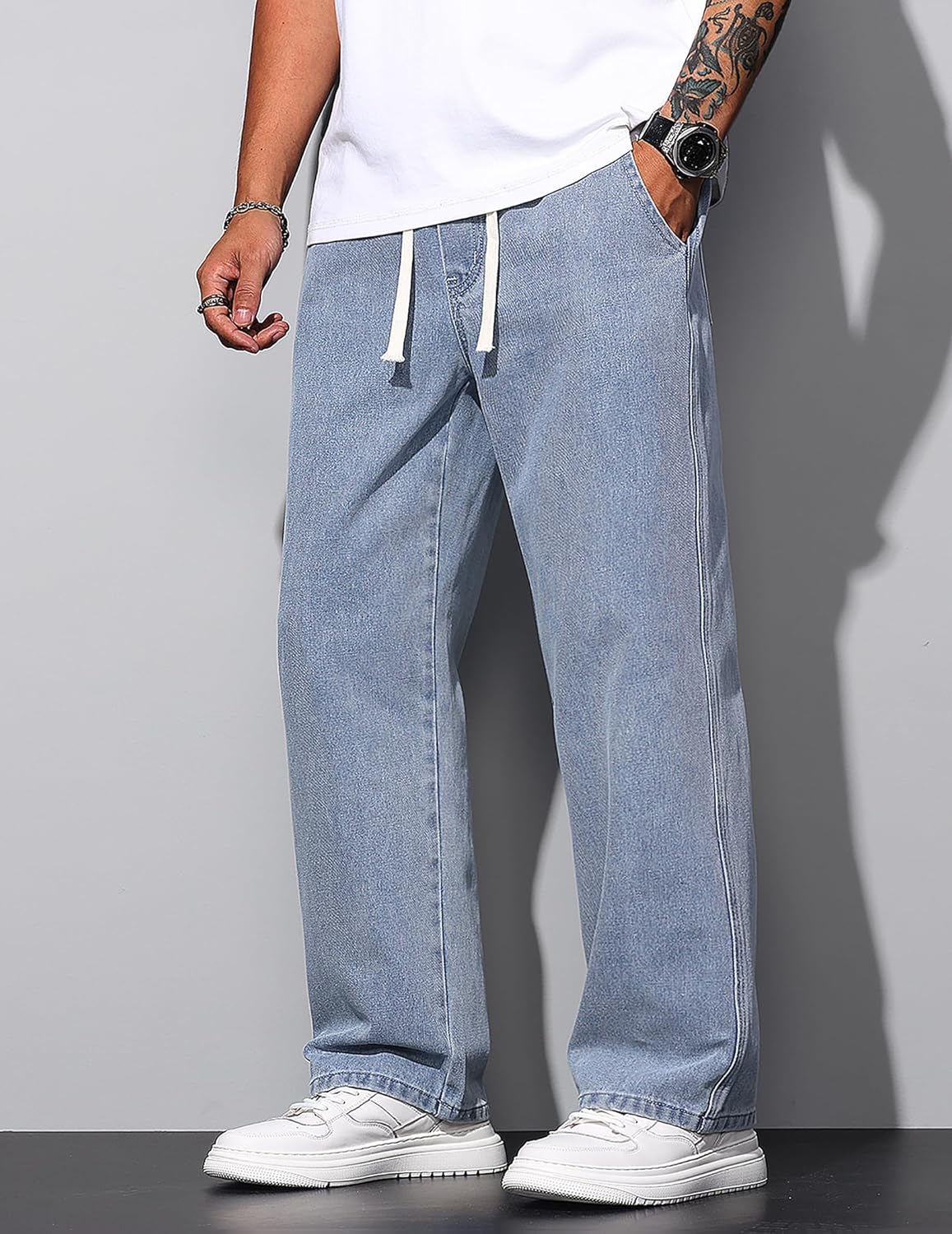 Men's Casual Jeans Regular Fit Denim Pants Straight Leg Jeans Elastic Waist Drawsting Trousers Blue L - Image 6