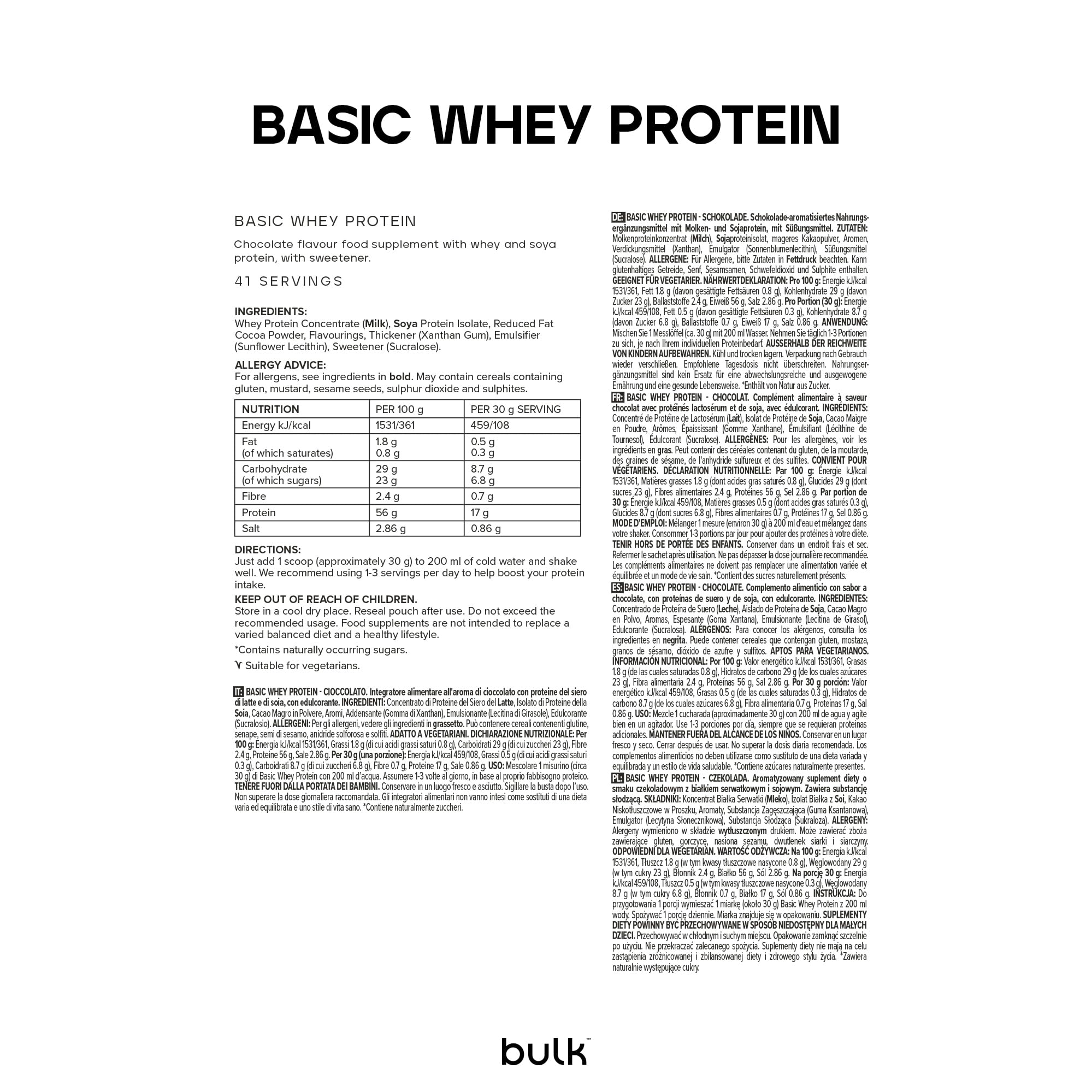 Bulk Basic Proteína de Suero en Polvo | Chocolate | 1,25 kg | 41 Raciones | Hasta 18 g de Proteína | Bajo en Azúcar | Fórmula de Rápida Absorción | Apoya el Crecimiento y la Recuperación Muscular