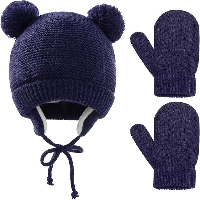 Winter Baby Hat Baby Gloves,Pom Pom Hat with Ear Flaps and Chin Ties Toddler Knitted Warm Beanie Cute Hat Gloves Set for Newborn Baby Girls Boys 1-4 Years