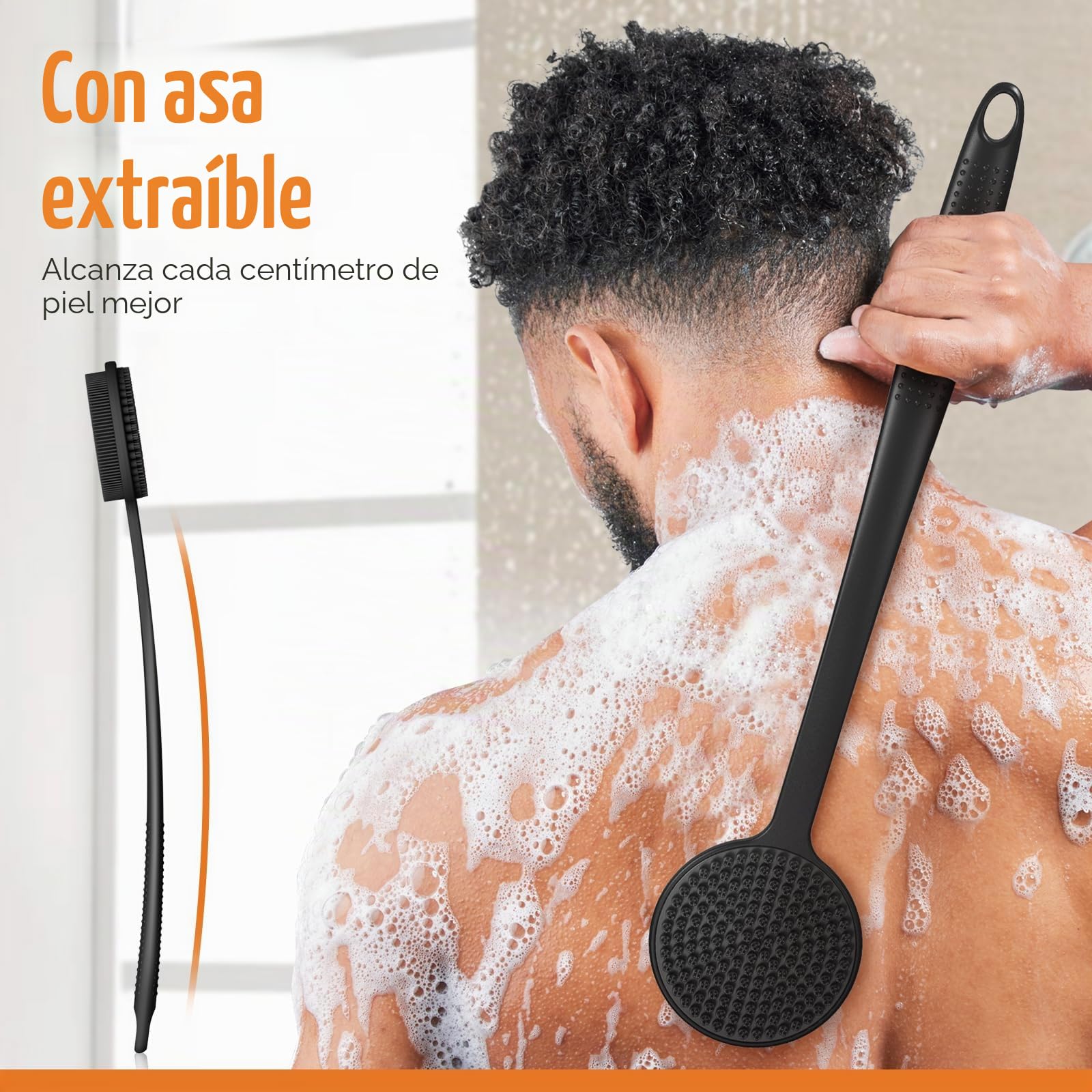 Limpiador de espalda de silicona, mango antideslizante extendido de 17 pulgadas, cepillo para el cuerpo, mango largo para ducha, cepillo de ducha de doble cara, arandela trasera para limpieza y