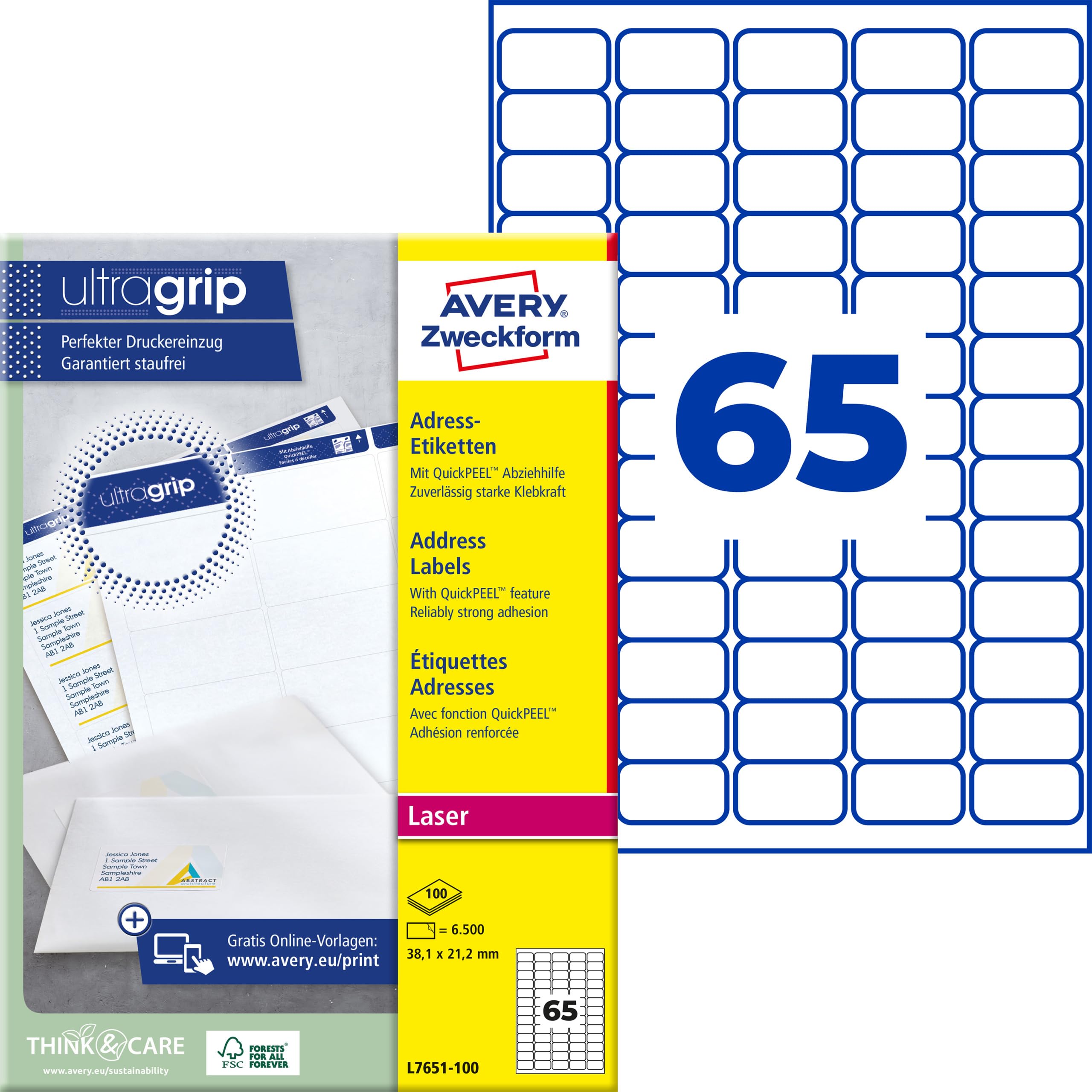 AVERY Zweckform L7651-100 Adressetiketten/Adressaufkleber (6.500 Etiketten mit ultragrip, 38,1x21,2mm auf A4, bedruckbar, selbstklebend, für Absenderetiketten, Papier matt) 100 Blatt, weiß