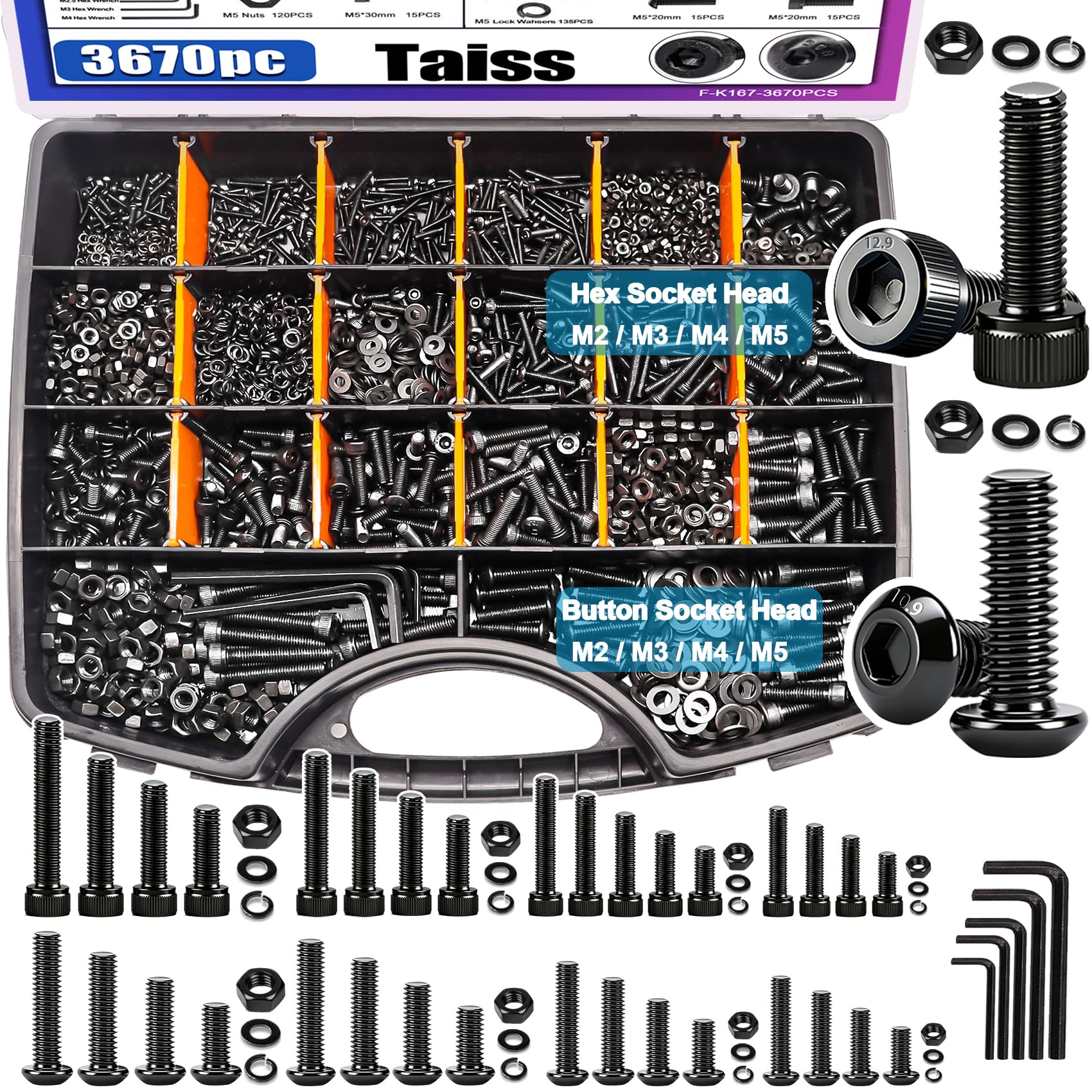 Taiss 3670PCS Metric Screw Assortment M2 M3 M4 M5 33 Sizes Button & Socket Head Screws,Hex Bolts and Nuts Kit Flat/Lock Washer, Metric Bolts and Nuts