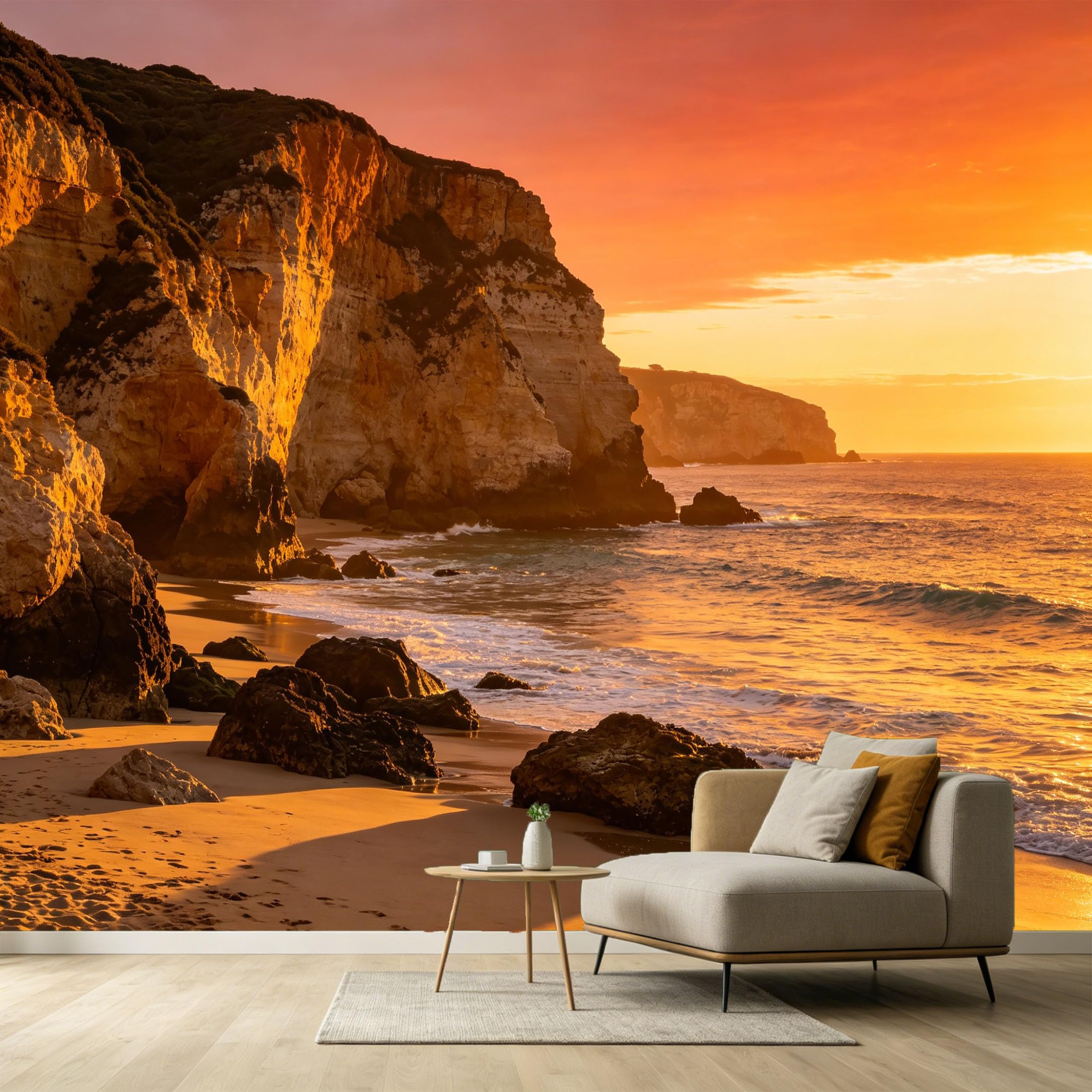 Custom Size Wall Murals Coastal Ocean Landscape Sunset Golden Cliffs Rocks SelfAdhesive Wall Fabric Removable Large Wallpaper for Photo Living Room Interior Decor