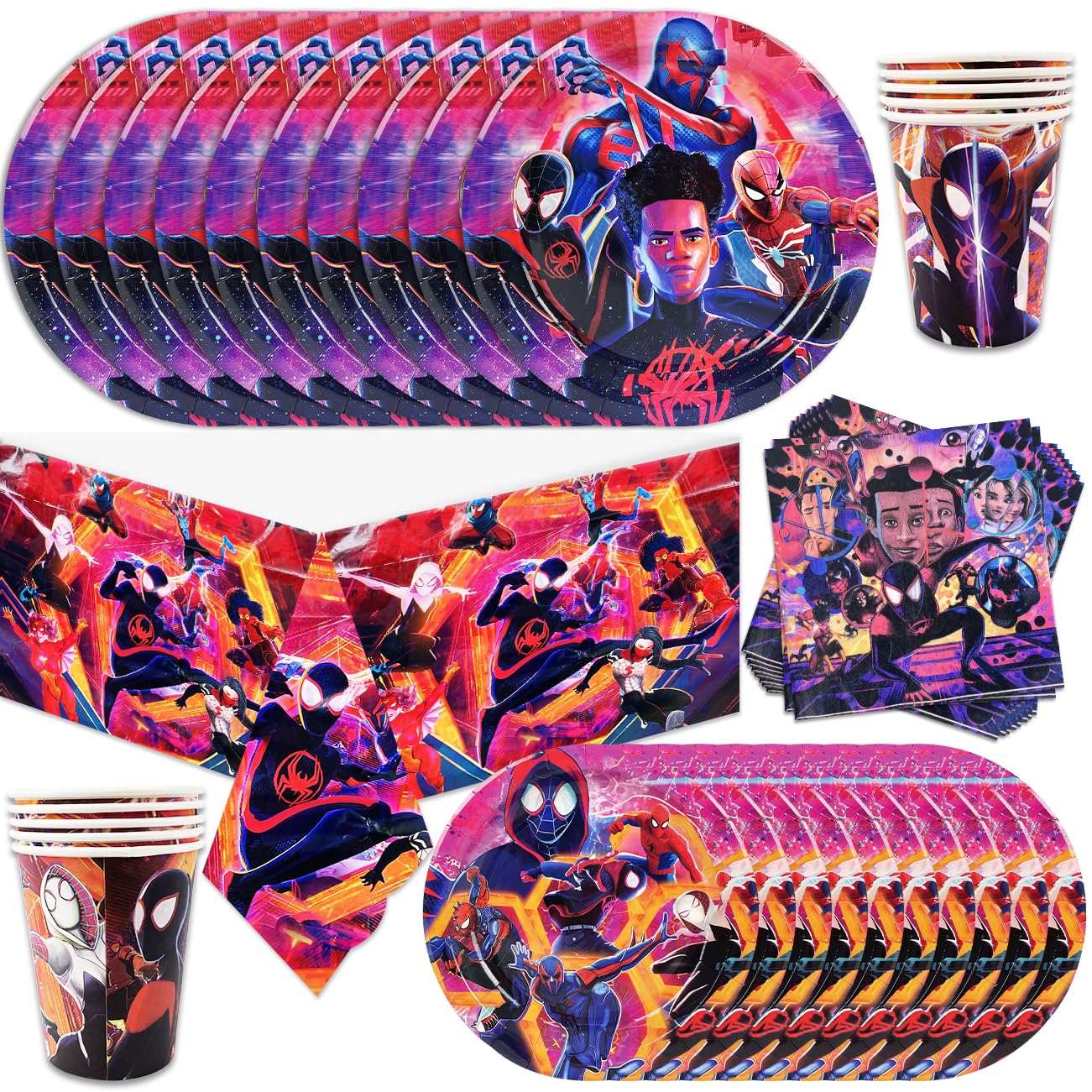 51Pcs Spider Birthday Party Tableware Set Include 1 Tablecloth, 10 Plates 7",10 Plates 9", 20 Napkins and 10 Paper Cups for Boys Girls Birthday Decoration