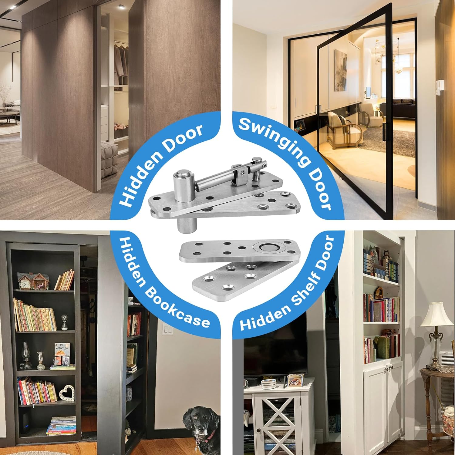 Hidden Door Hinge Pivot, 570lbs Heavy Duty Invisible Door Hardware for Secret Room & Concealed Bookcase, 360° Swing Door Hinge System (Silver)