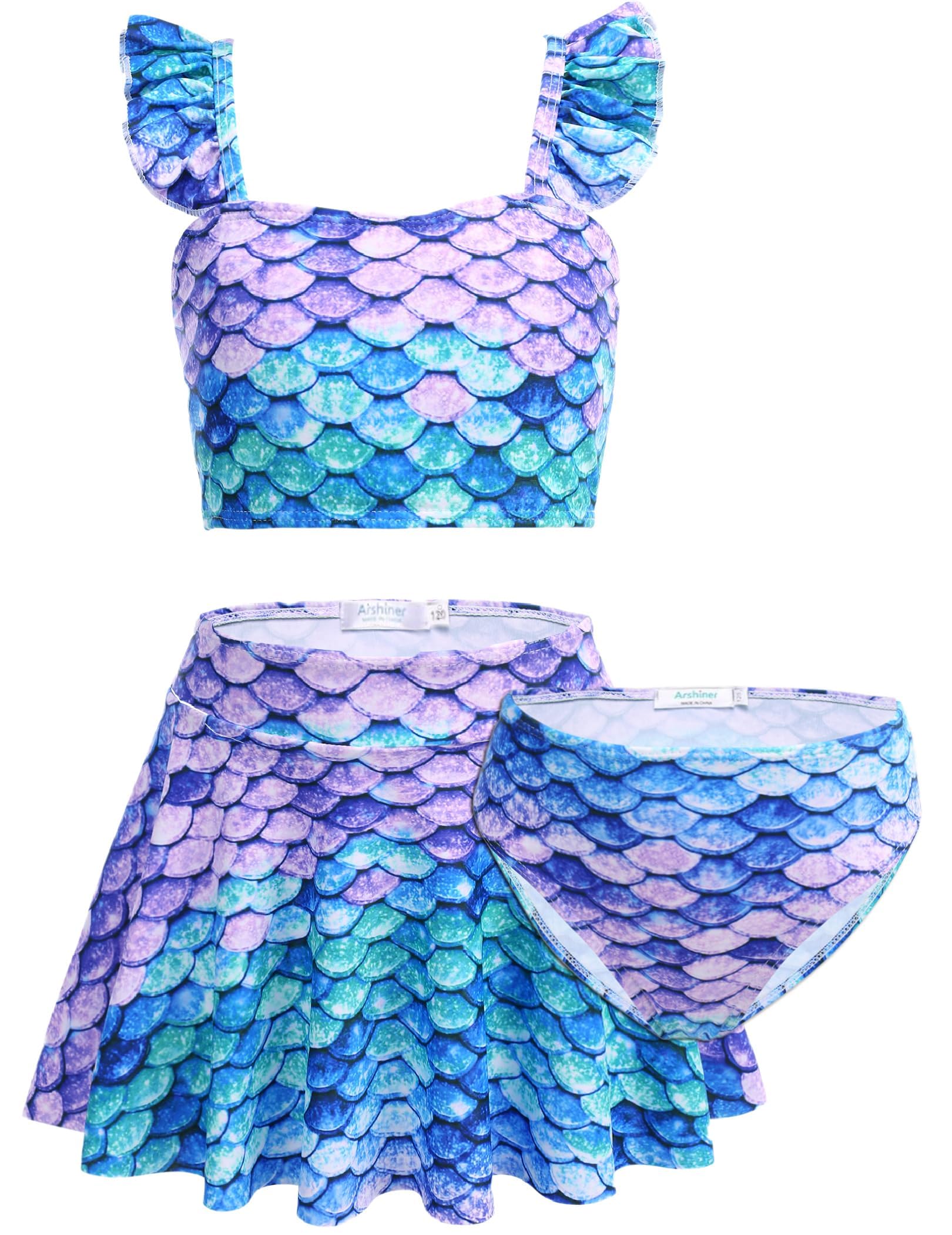 Arshiner Mädchen Bikini Set 3pcs Kinder Blumen Meerjungfrau Badeanzug Rüschen Tankini mit Rock Bademode Schwimmanzug 5-12 Jahre