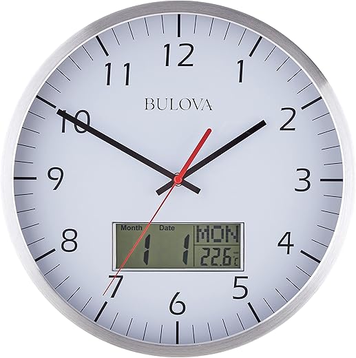 Bulova Manager Wall Clock C4810 | 14 Brushed Aluminum Industrial Frame with Digital Date & Temperature Display | Silent Sweep Quartz Movement | Battery Operated | Office & Home Décor