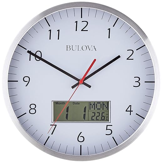 Bulova Manager Wall Clock C4810 | 14" Brushed Aluminum Industrial Frame with Digital Date &