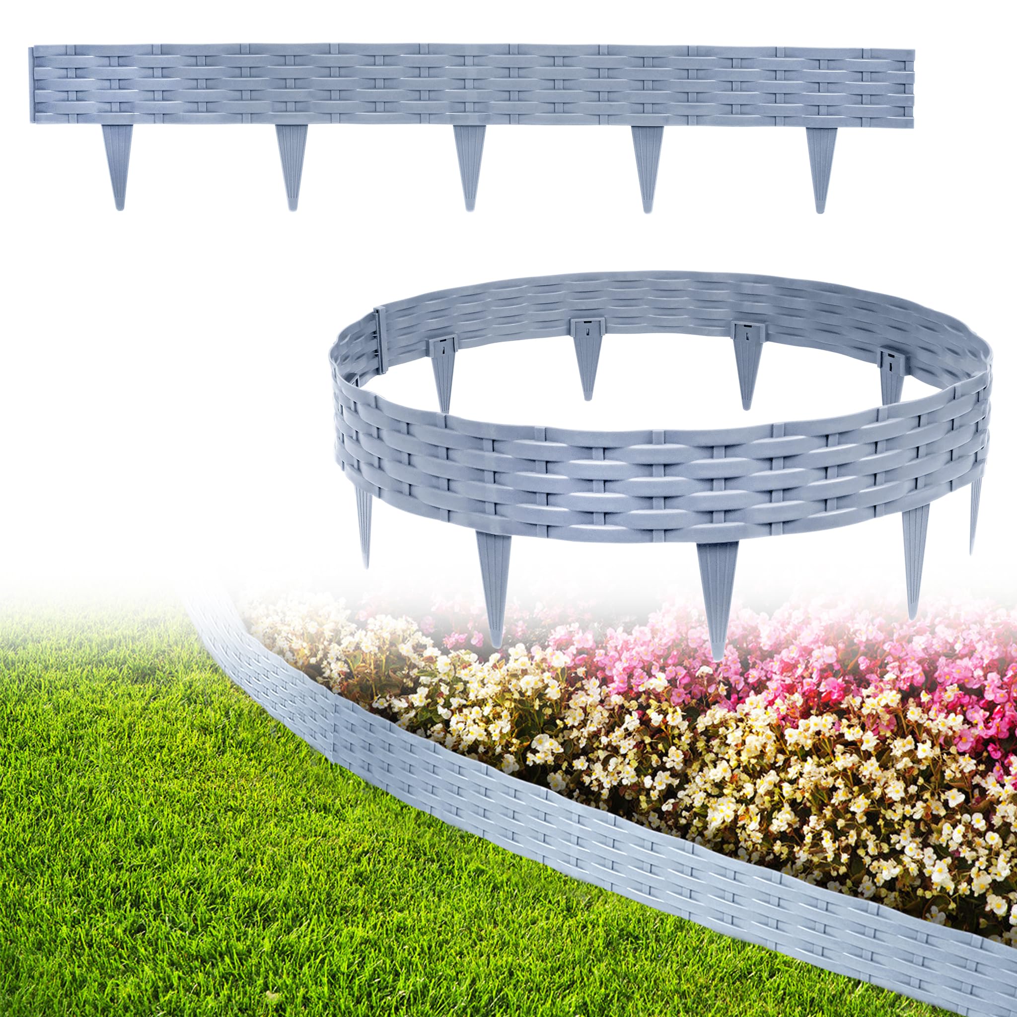 XMTECH Rasenkante 15m, Flexible Beetumrandung aus Kunststoff, Grau