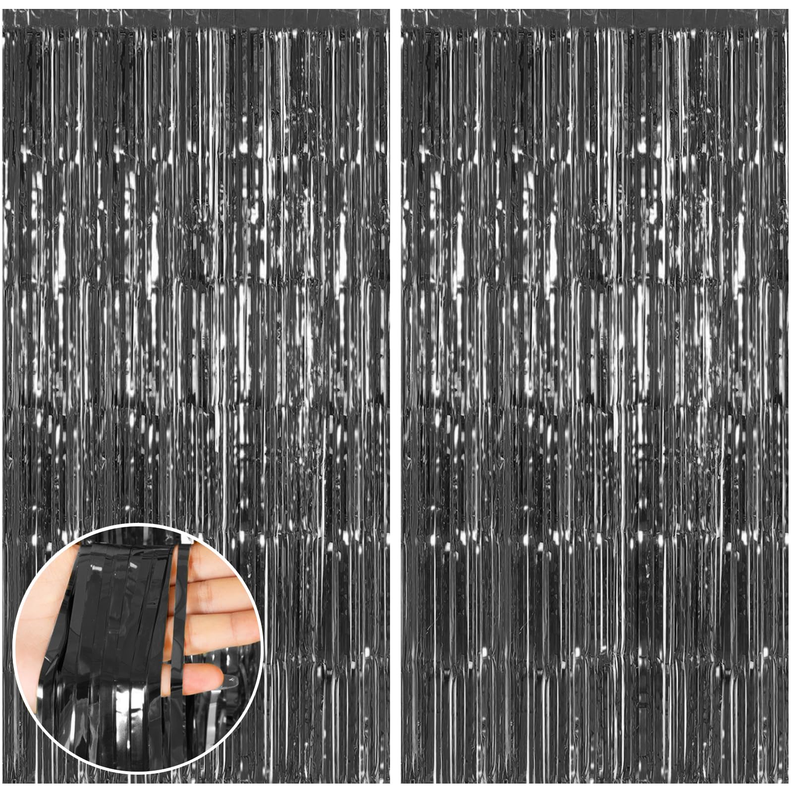 2pcs Tinsel Curtains, Foil Curtain 3.3ft *6.6ft Black Party Decorations Background Streamers, Tinsel Curtain Backdrop Pastel Foils Fringe Curtains for Graduation Wedding Holiday Birthday Decoration