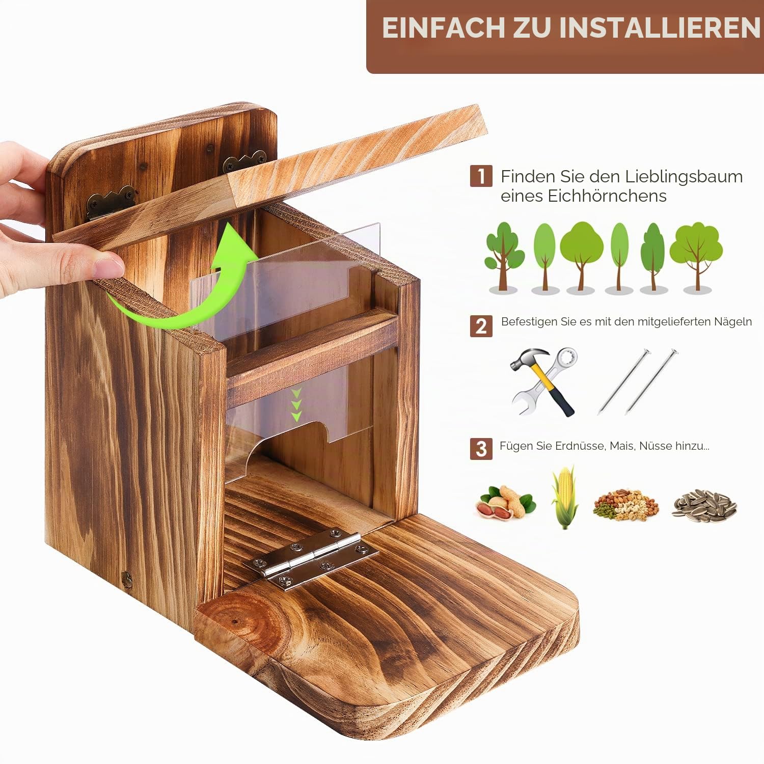 MIXXIDEA Eichhörnchen-Futterstation aus Holz, stabiles Eichhörnchen-Futterhaus mit Dicke 1,5 cm, kein Zusammenbau erforderlich, für Hinterhof, Außengarten, 1 Stück