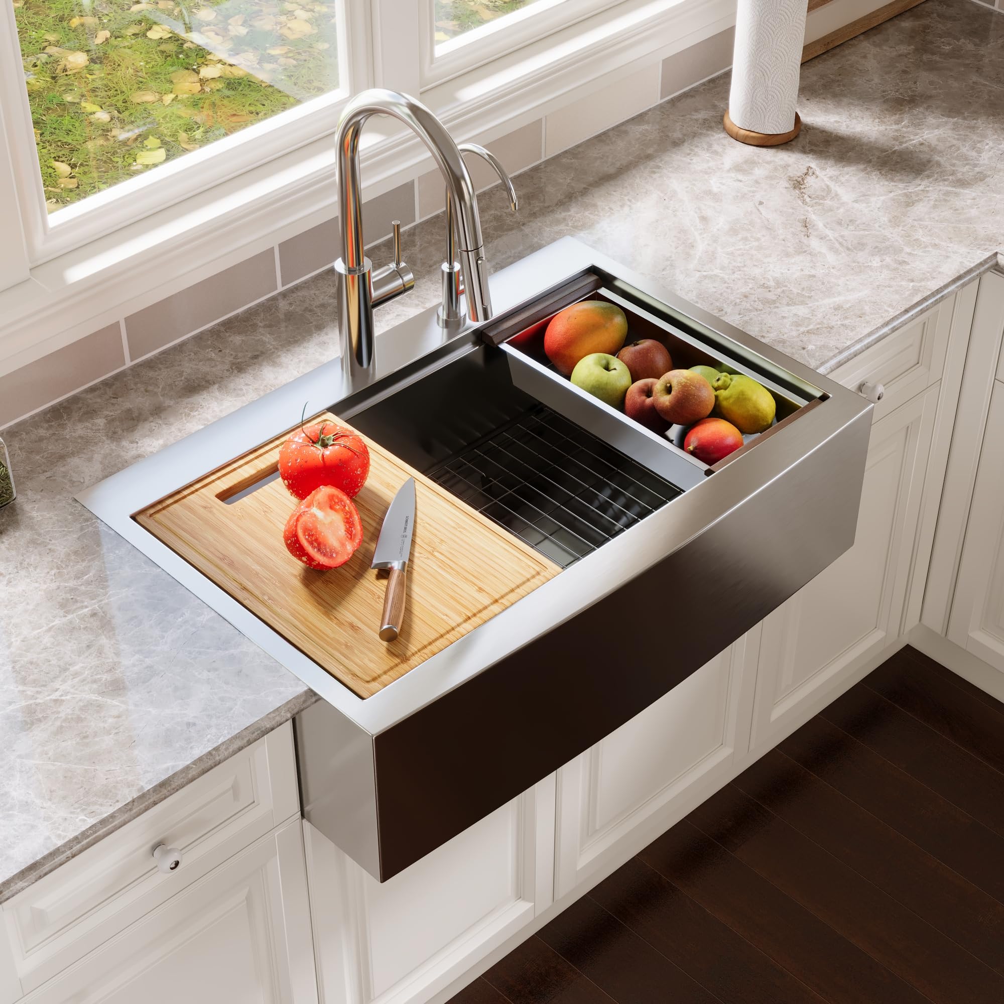 DeerValley 33 Inch Farmhouse Sink, 33x22 Stainless Steel Farmhouse Kitchen Sink Workstation, 16 Gauge Undermount Drop-in Single Bowl Basin Apron Sink w/Cutting Board and Drain Assembly, DV-1K0190