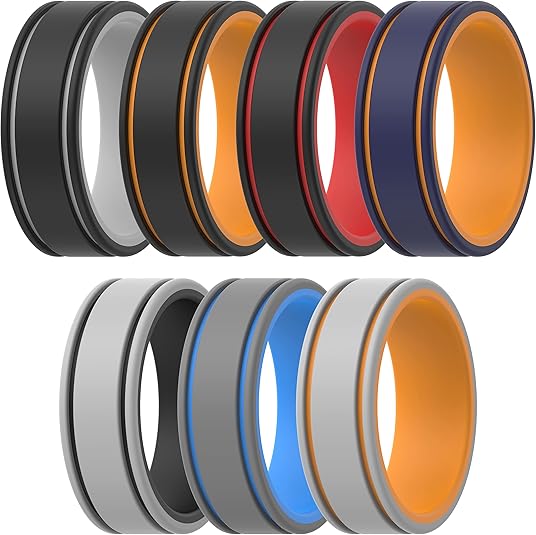 ThunderFit Men Silicone Wedding Rings 2 Layers, Rubber Engagement Bands 8mm Wide 2mm Thick - 1/4/7 Variety Multipack