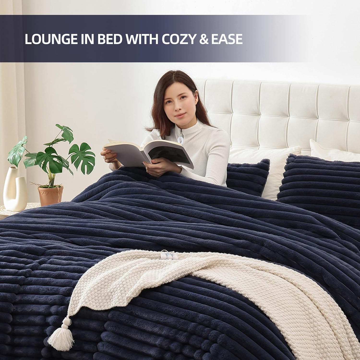 Smoofy Fluffy Full Size Comforter Sets 3 Pieces - Navy Blue Fleece Fluffy Comforter Set, Luxury Fuzzy Full Bed Set, Soft Comforter Full Size All Season, Heavy Faux Fur Comforter with 2 Pillow Cases - Image 6