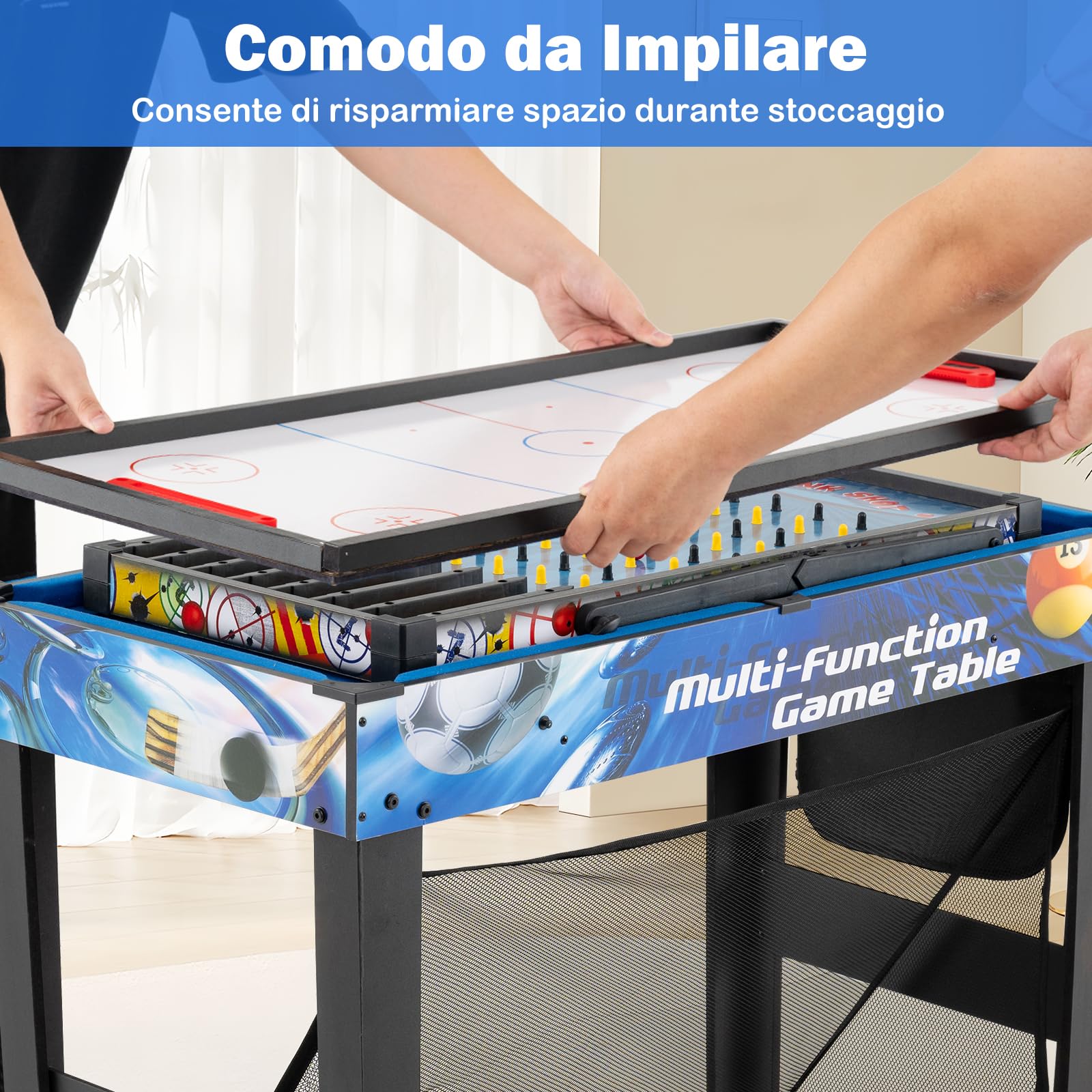 COSTWAY 10 in 1 Tavolo Multigioco, Set Tavolo da Gioco Multifunzione con Biliardo, Hockey, Ping Pong, Basket, Calcio, Tiro, Flipper, Freccette, Tiro con l'Arco e Borsa, Impilabile, 106 x 51 x 148 cm