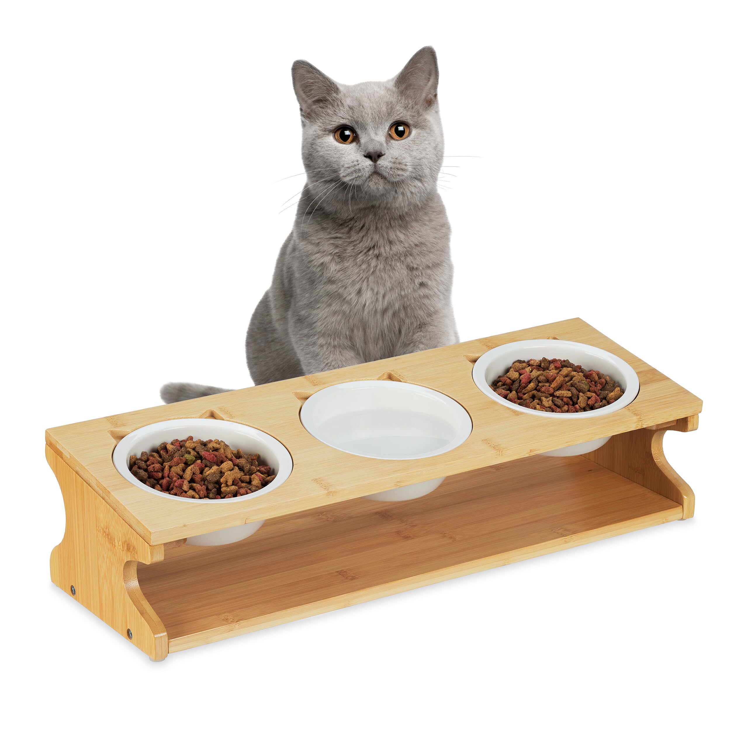 Relaxdays Katzen Futterstation, 3 Npfe, je 400 ml, aus Bambus & Keramik,  Napfstnder, splmaschinenfest, Natur/wei: Amazon.de: Haustier